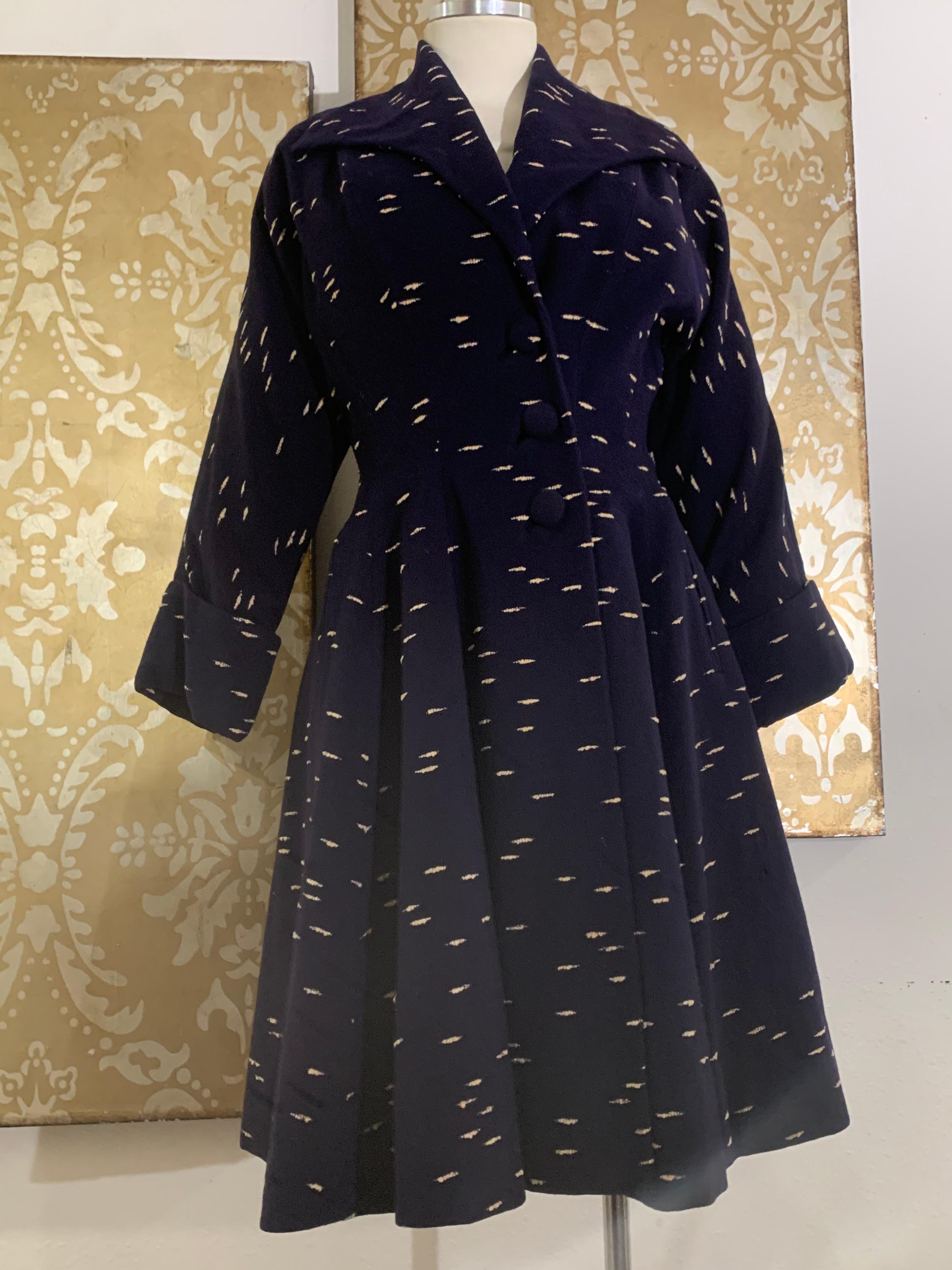 Black Early 1950s Lilli Ann Navy Wool/Cashmere Fit & Flare Coat w Large Collar & Cuffs