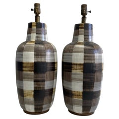 Early 1950s Pair of Lee Rosen for Design Technics Plaid Pottery / Ceramic Lamps