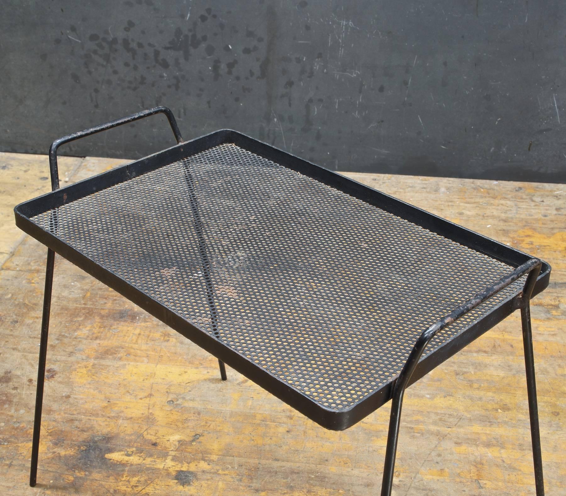 American 1950s Perforated Metal Minimalist Architects Side Table Serving Tray Cabinmodern For Sale