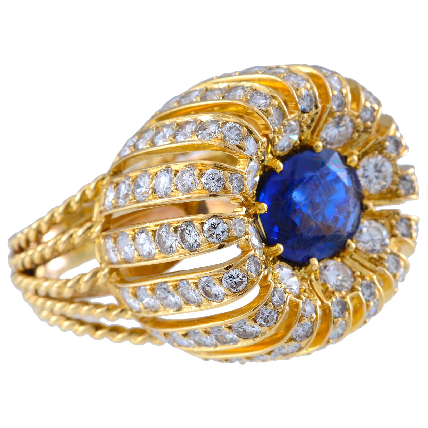 Early 1950s Yellow Gold, Diamond and Sapphire Ring For Sale