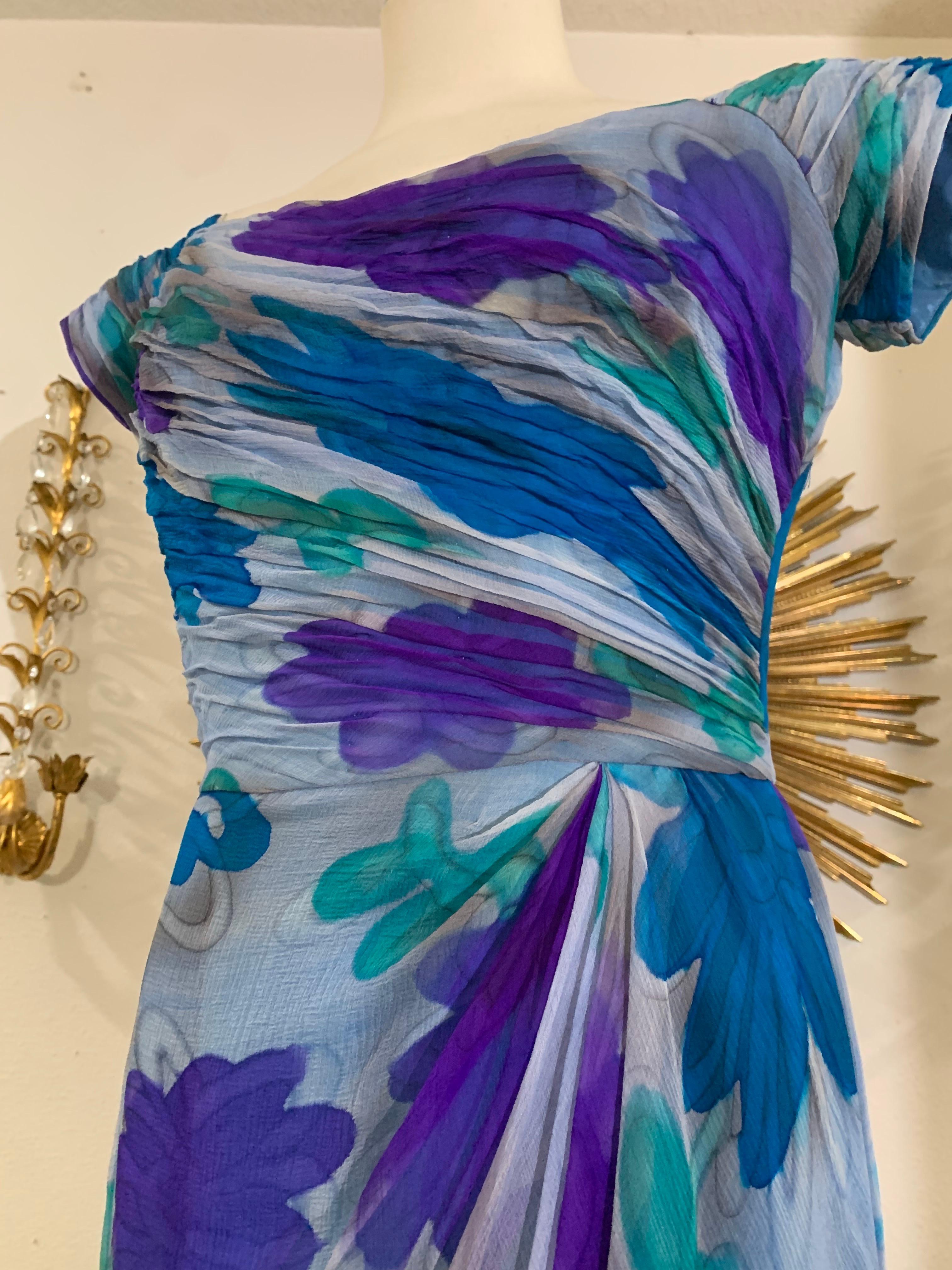 Early 1960s Draped Chiffon Hand-Painted Floral Print Silk Cocktail Dress For Sale 5