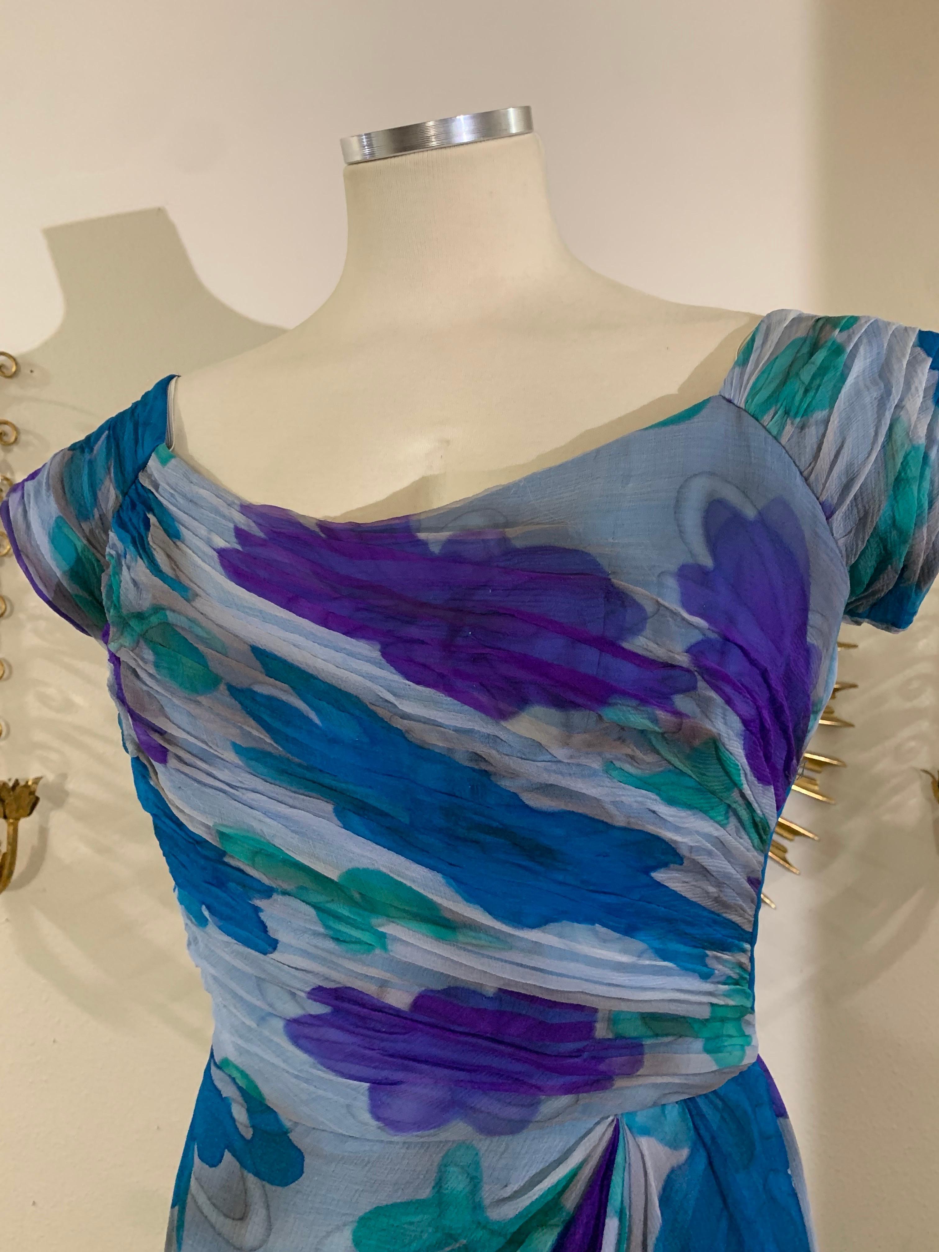 Early 1960s Draped Chiffon Hand-Painted Floral Print Silk Cocktail Dress For Sale 8