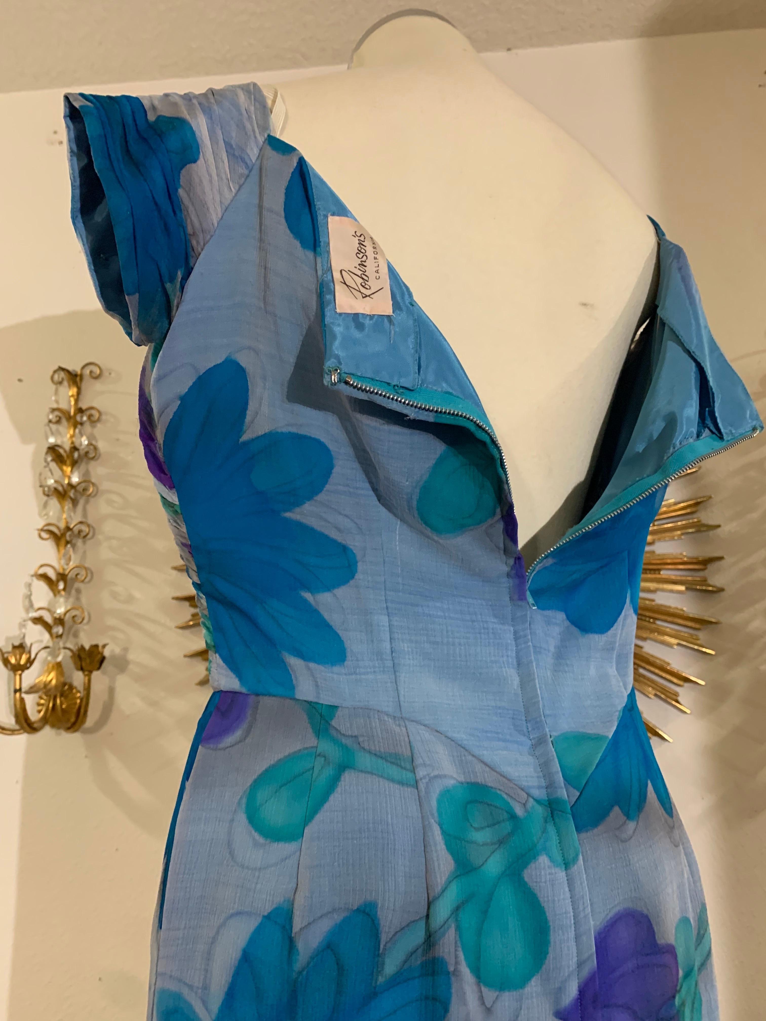 Early 1960s Draped Chiffon Hand-Painted Floral Print Silk Cocktail Dress For Sale 9