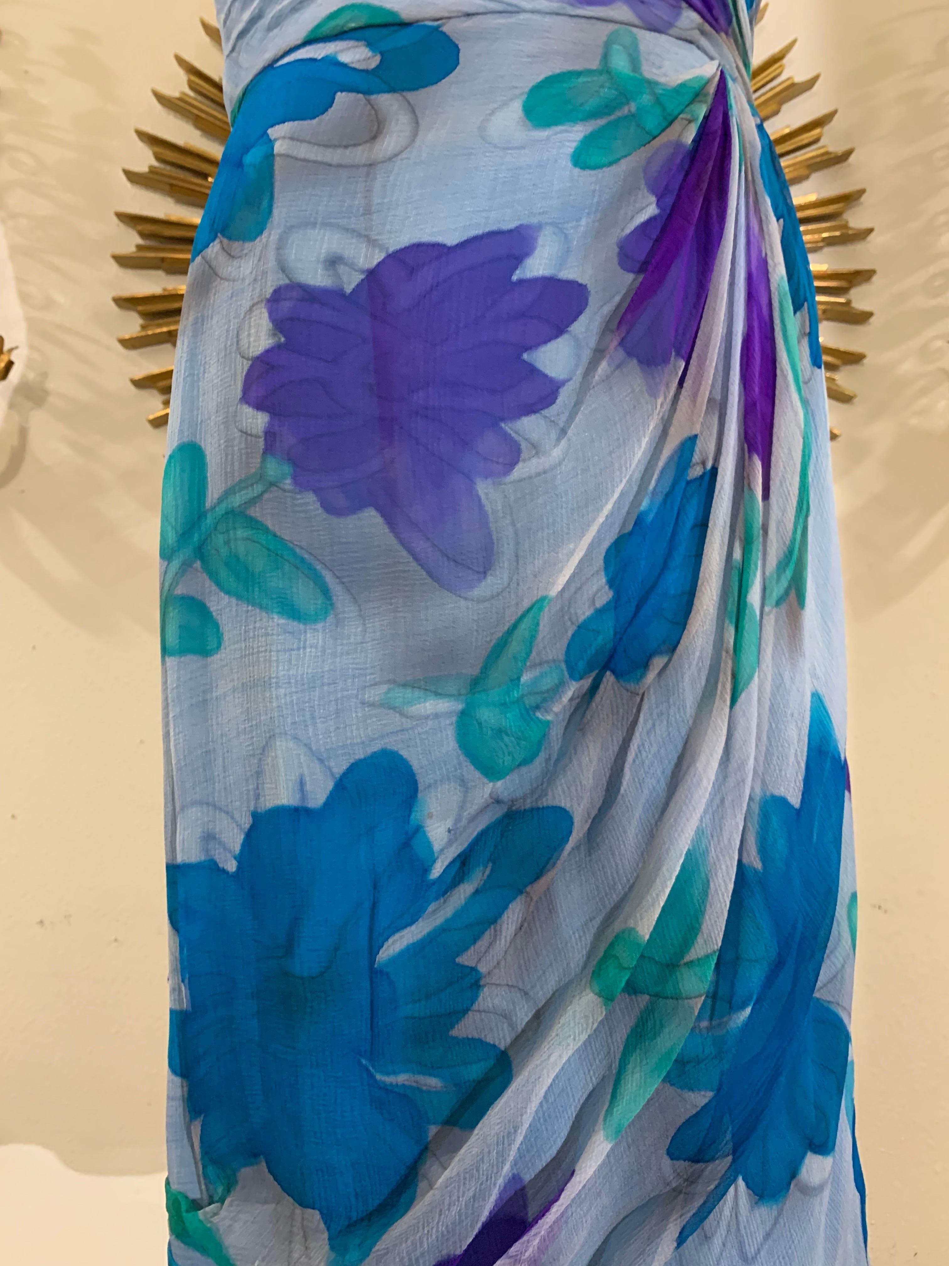 Blue Early 1960s Draped Chiffon Hand-Painted Floral Print Silk Cocktail Dress For Sale