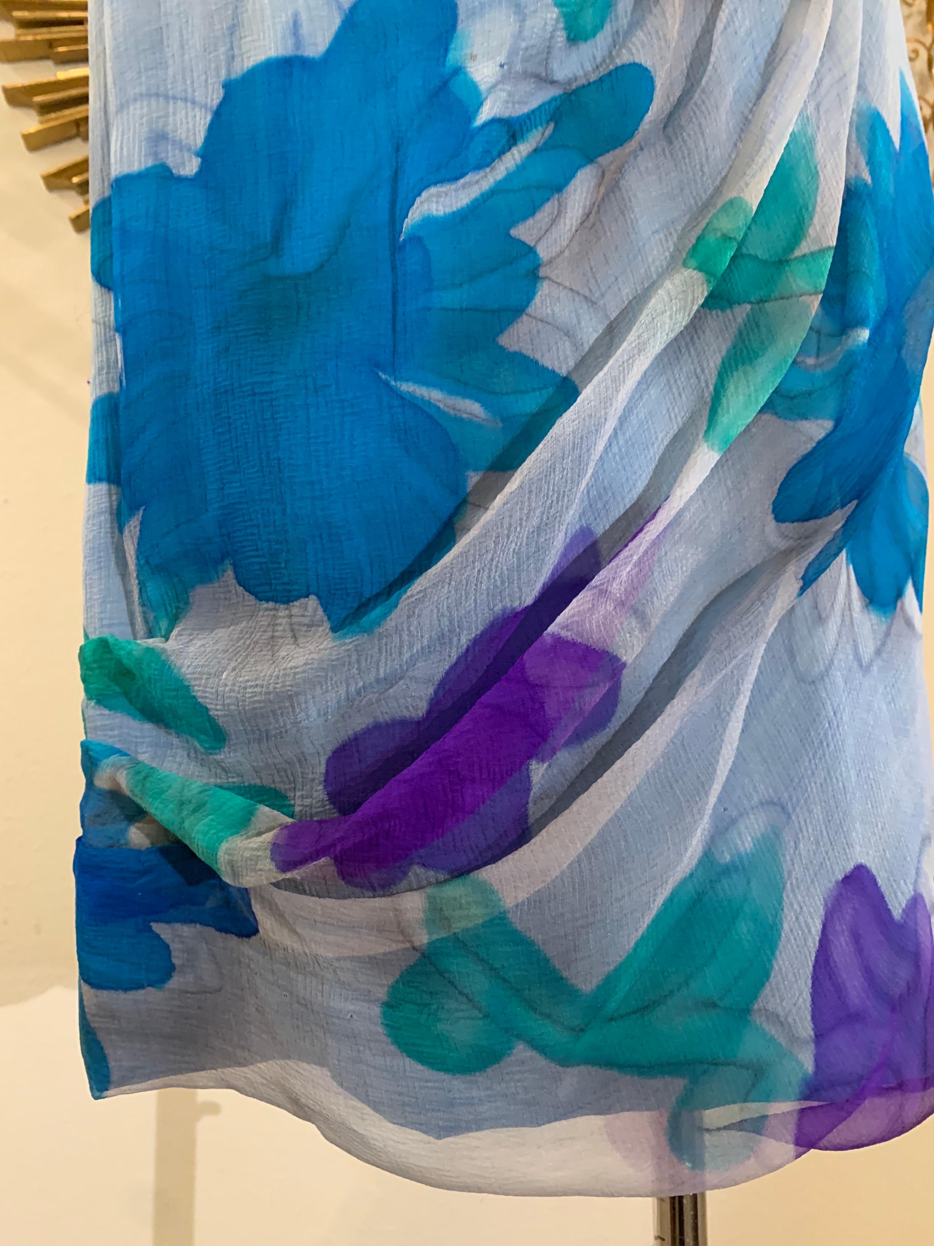 Early 1960s Draped Chiffon Hand-Painted Floral Print Silk Cocktail Dress In Excellent Condition For Sale In Gresham, OR