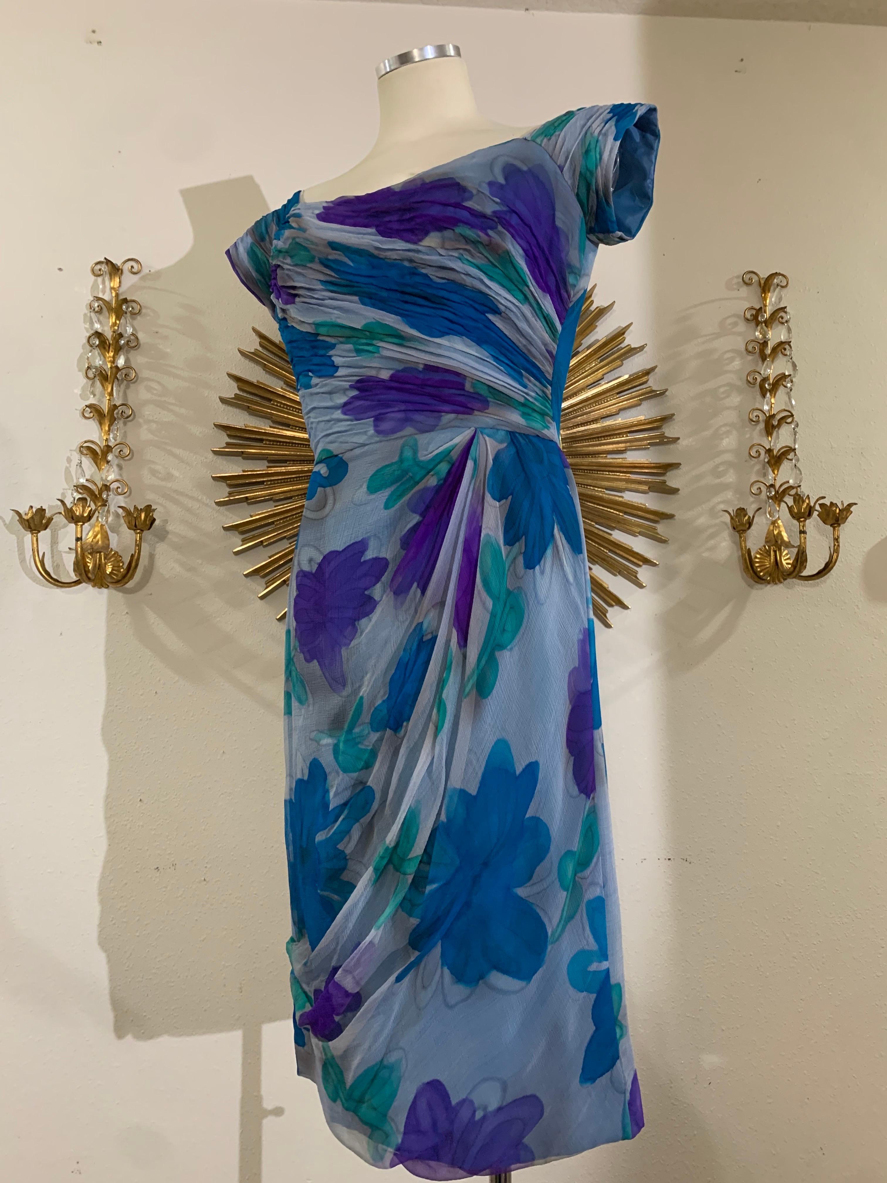 Women's Early 1960s Draped Chiffon Hand-Painted Floral Print Silk Cocktail Dress For Sale