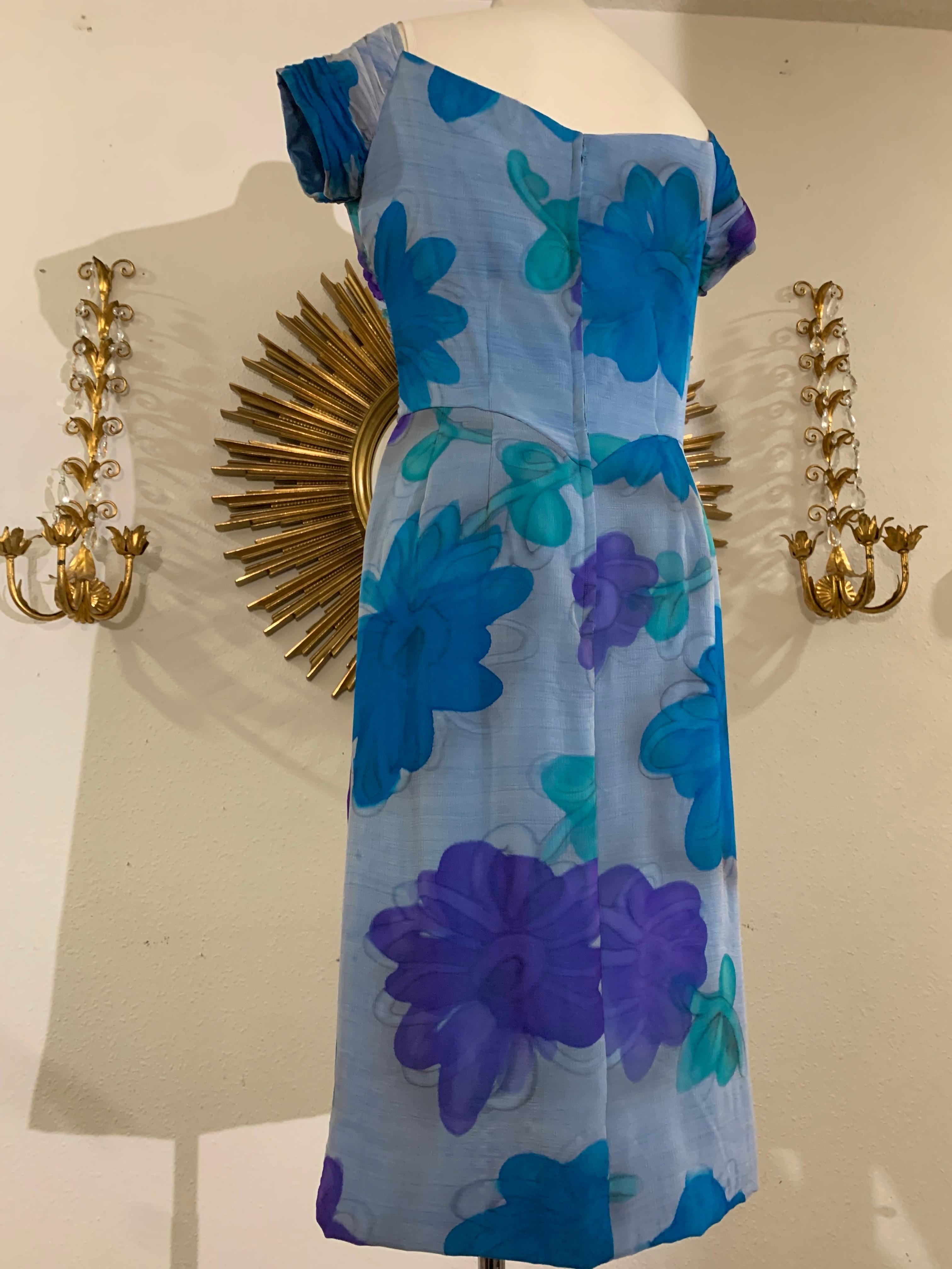Early 1960s Draped Chiffon Hand-Painted Floral Print Silk Cocktail Dress For Sale 2