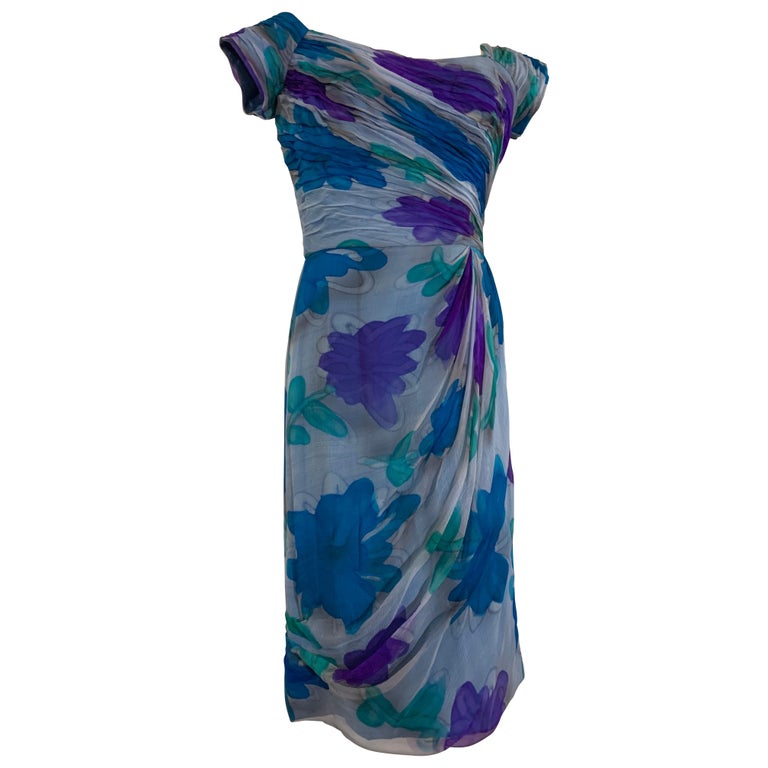 Early 1960s Draped Chiffon Hand-painted Floral Print Silk Cocktail Dress