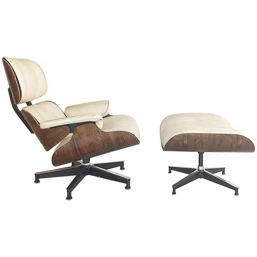 Early 1960s Eames Lounge Chair Custom White Leather by Herman Miller