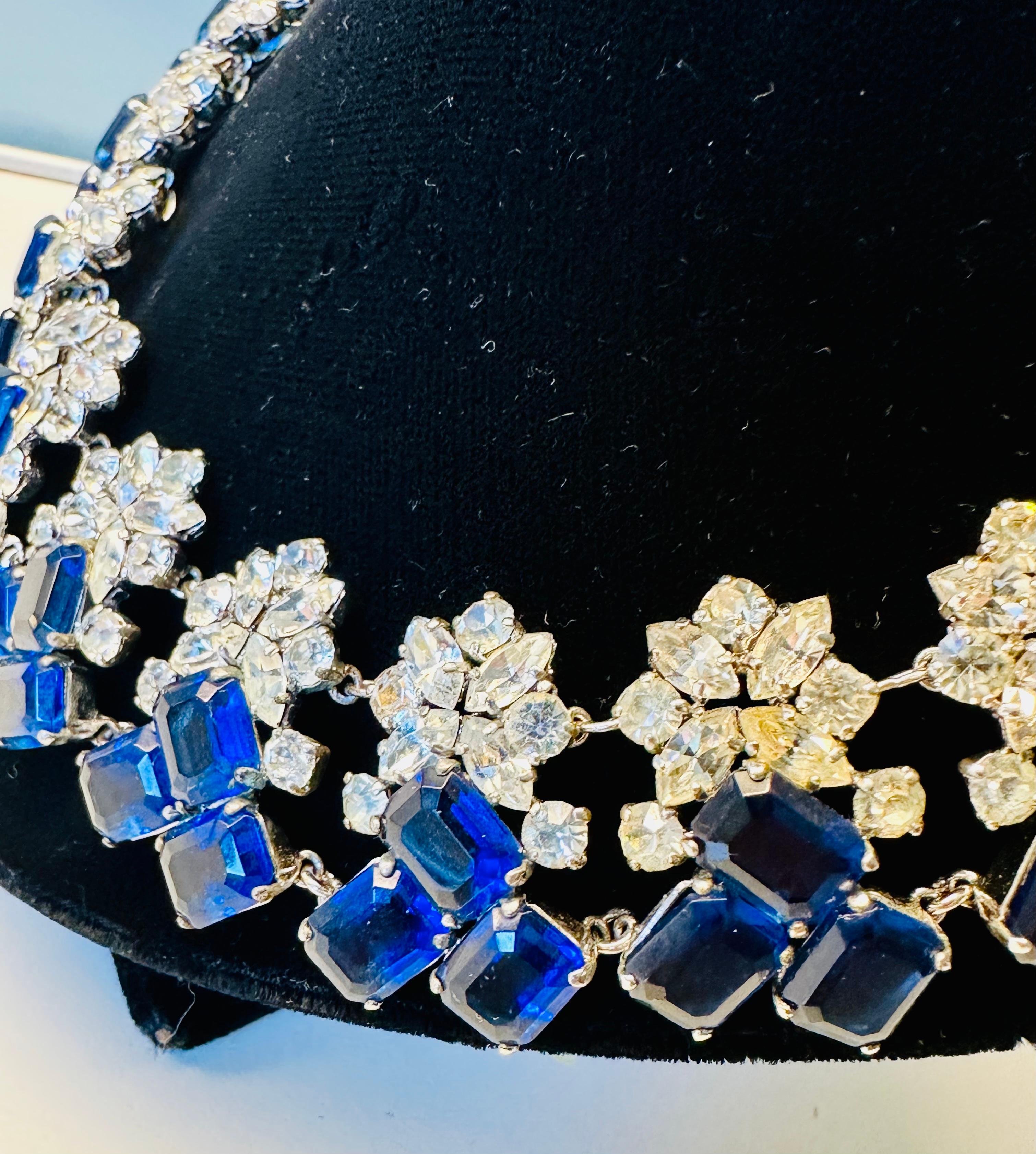 Early 1960s Elegant Christian Dior Prong Set Blue & Clear Crystals Necklace For Sale 3