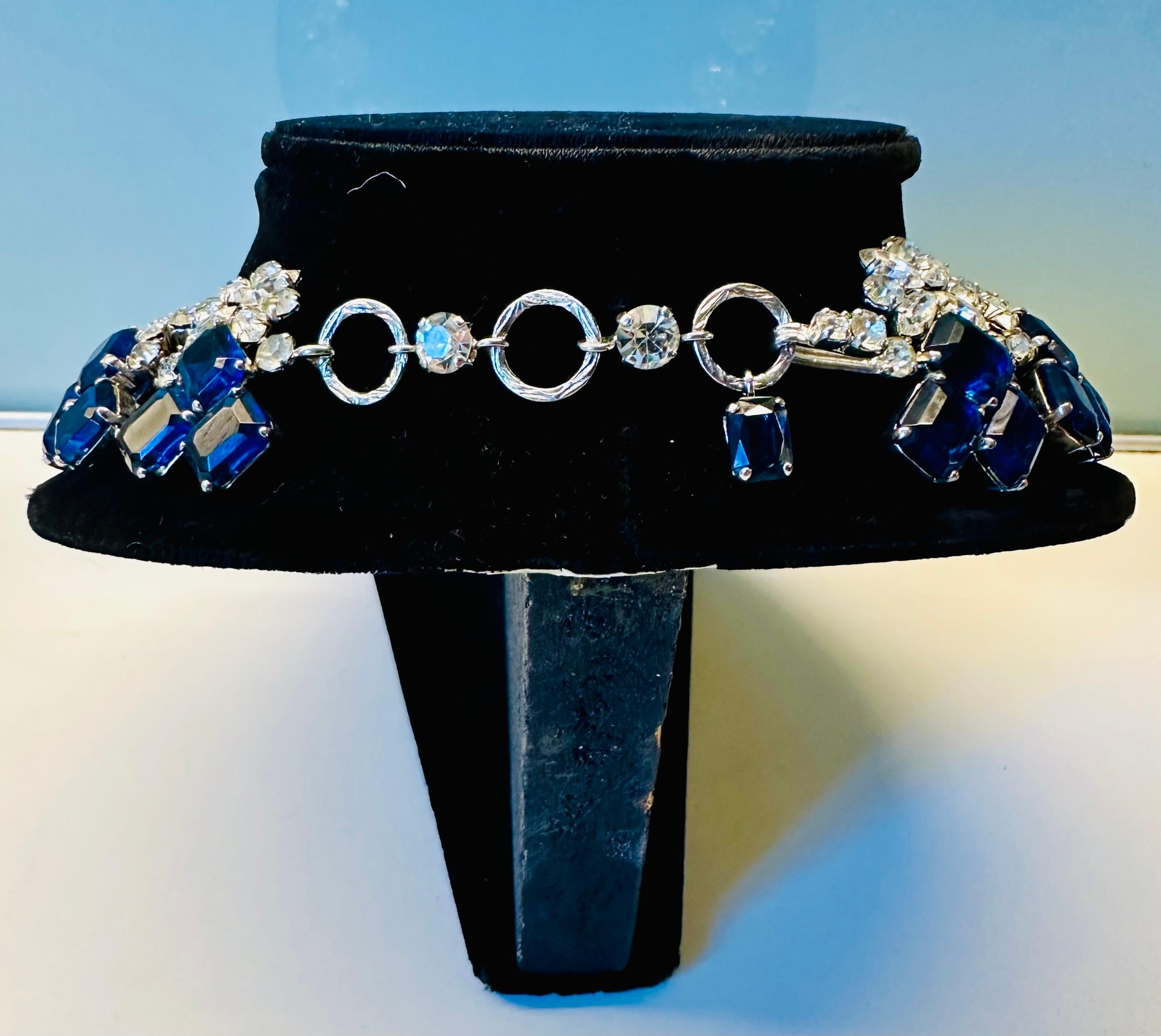 Early 1960s Elegant Christian Dior Prong Set Blue & Clear Crystals Necklace For Sale 4