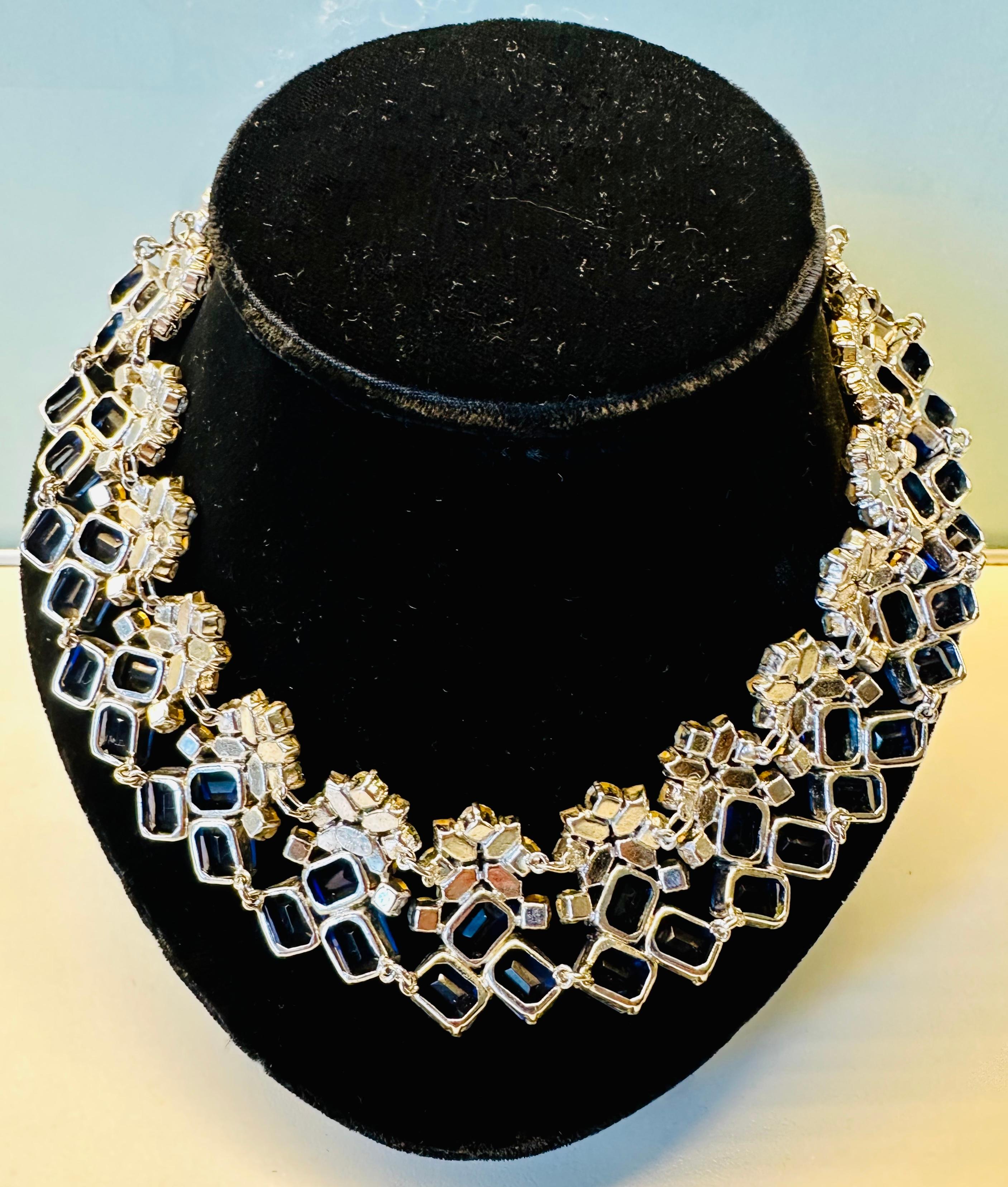 Early 1960s Elegant Christian Dior Prong Set Blue & Clear Crystals Necklace For Sale 7