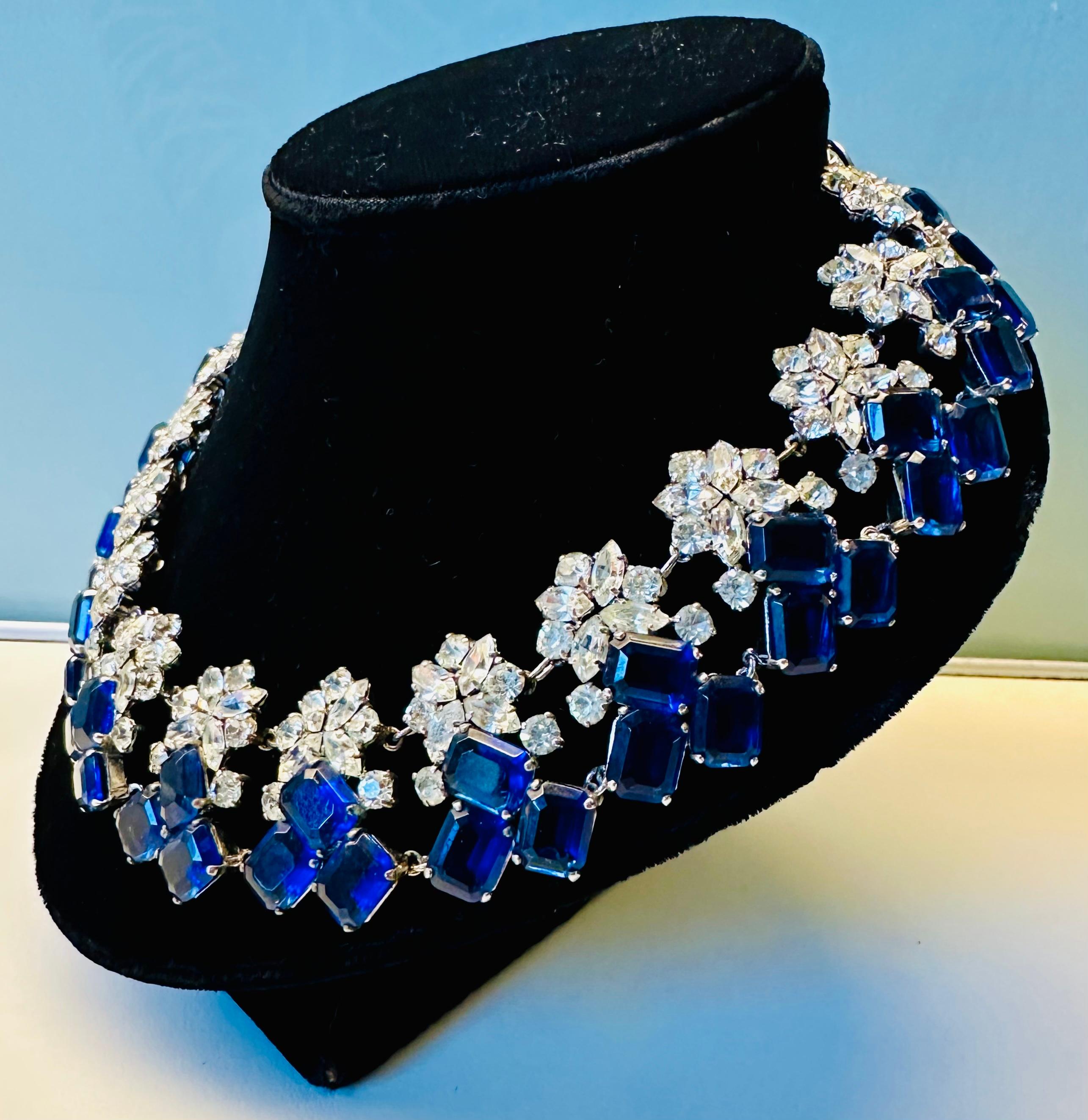 Mid-Century Modern Early 1960s Elegant Christian Dior Prong Set Blue & Clear Crystals Necklace For Sale