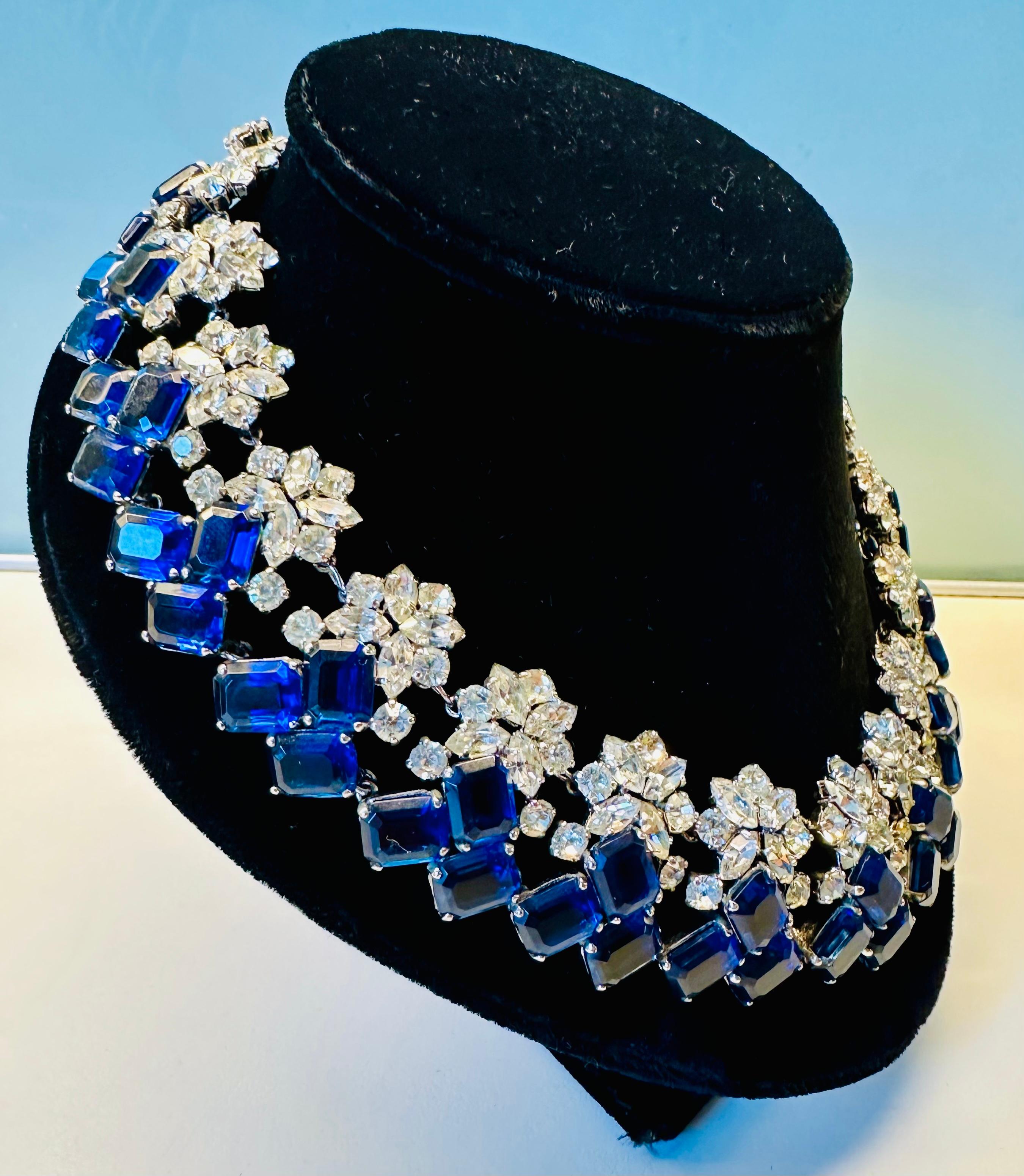 Early 1960s Elegant Christian Dior Prong Set Blue & Clear Crystals Necklace In Excellent Condition For Sale In London, GB