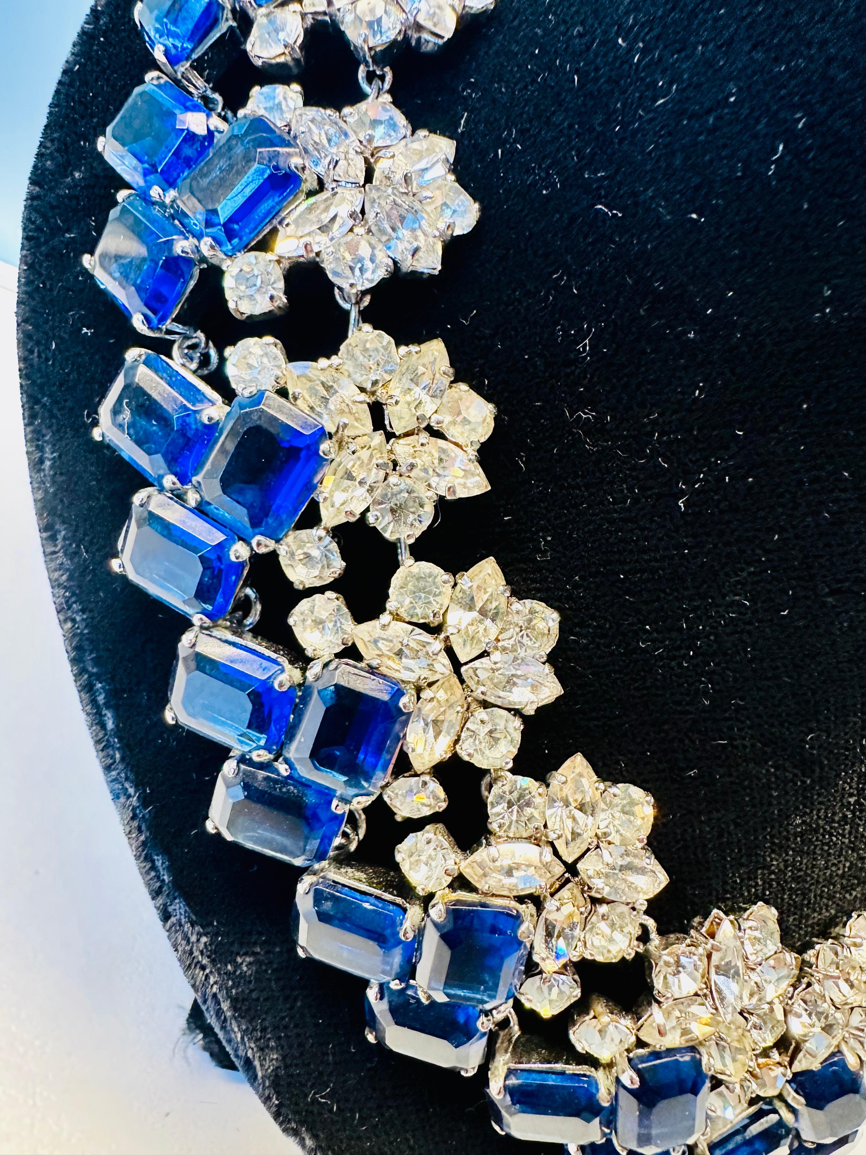 20th Century Early 1960s Elegant Christian Dior Prong Set Blue & Clear Crystals Necklace For Sale