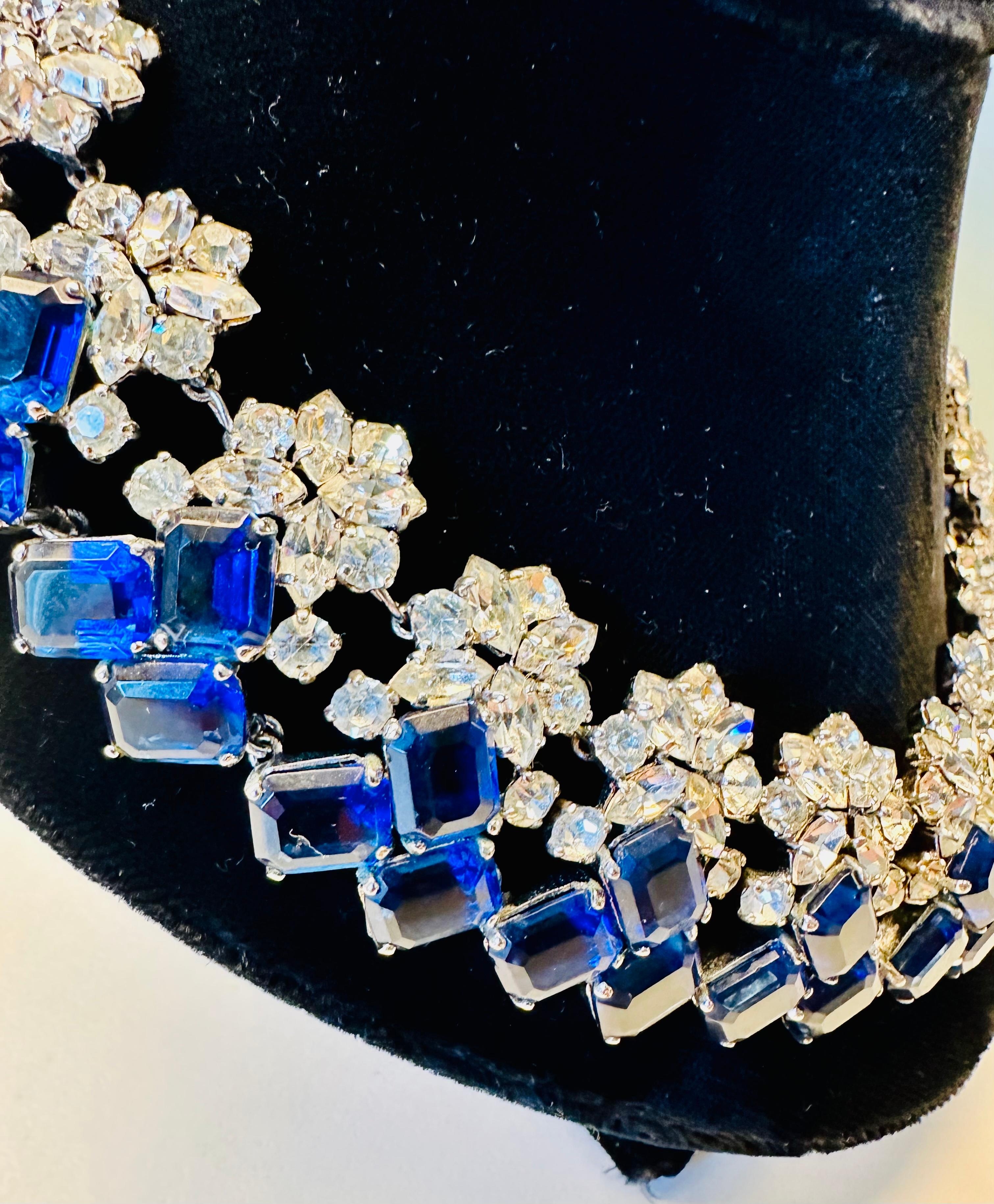 Metal Early 1960s Elegant Christian Dior Prong Set Blue & Clear Crystals Necklace For Sale