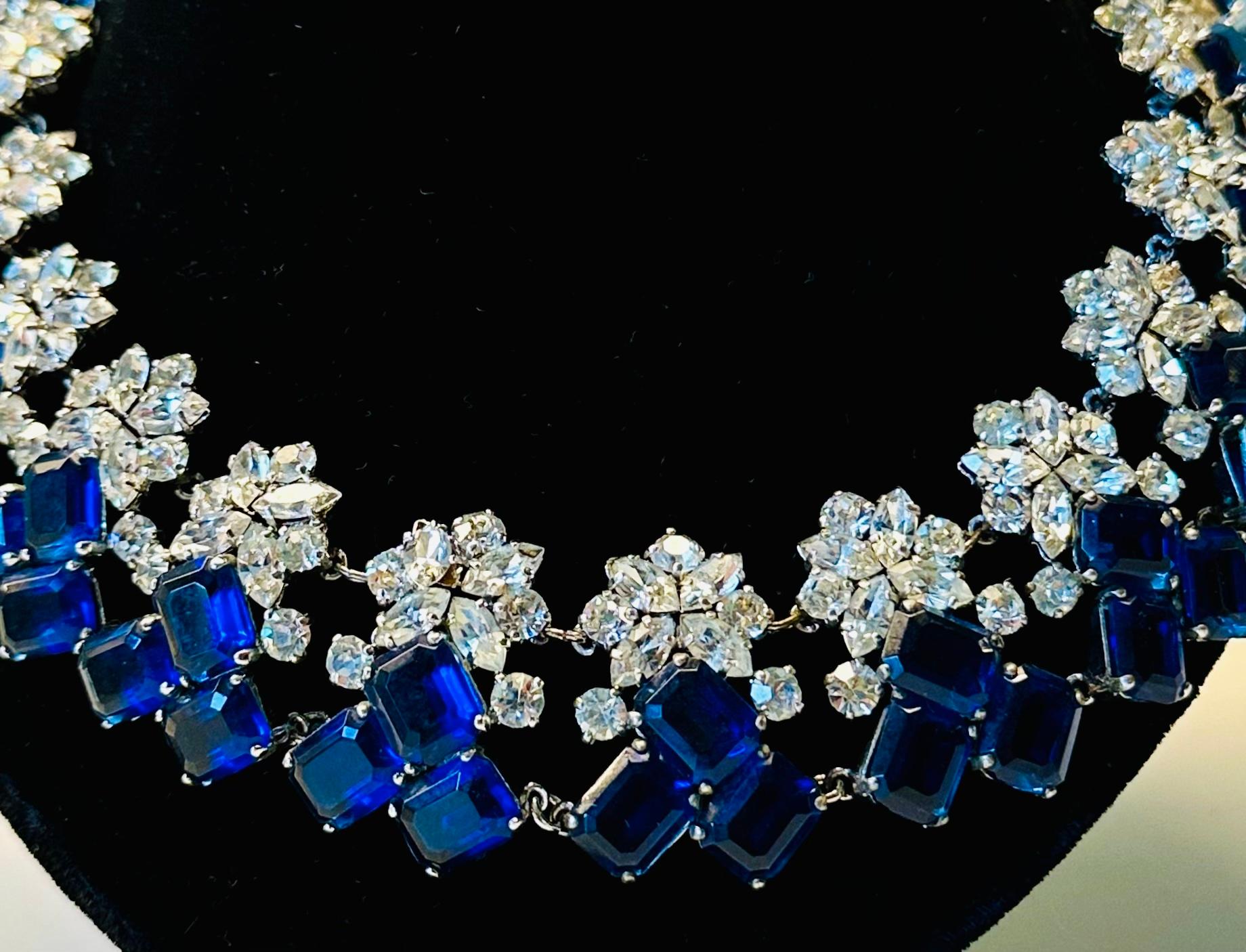 Early 1960s Elegant Christian Dior Prong Set Blue & Clear Crystals Necklace For Sale 1