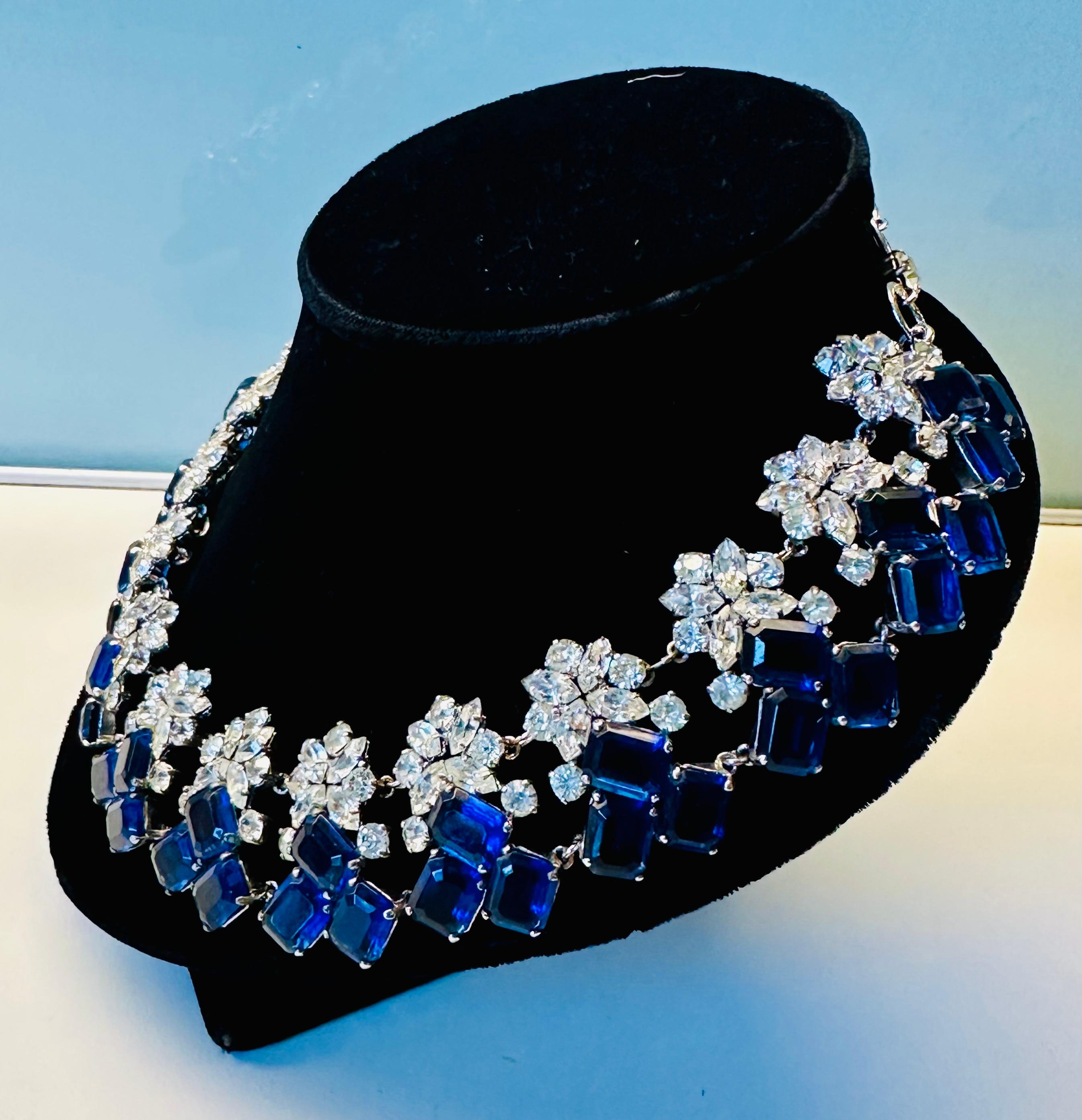 Early 1960s Elegant Christian Dior Prong Set Blue & Clear Crystals Necklace For Sale 2