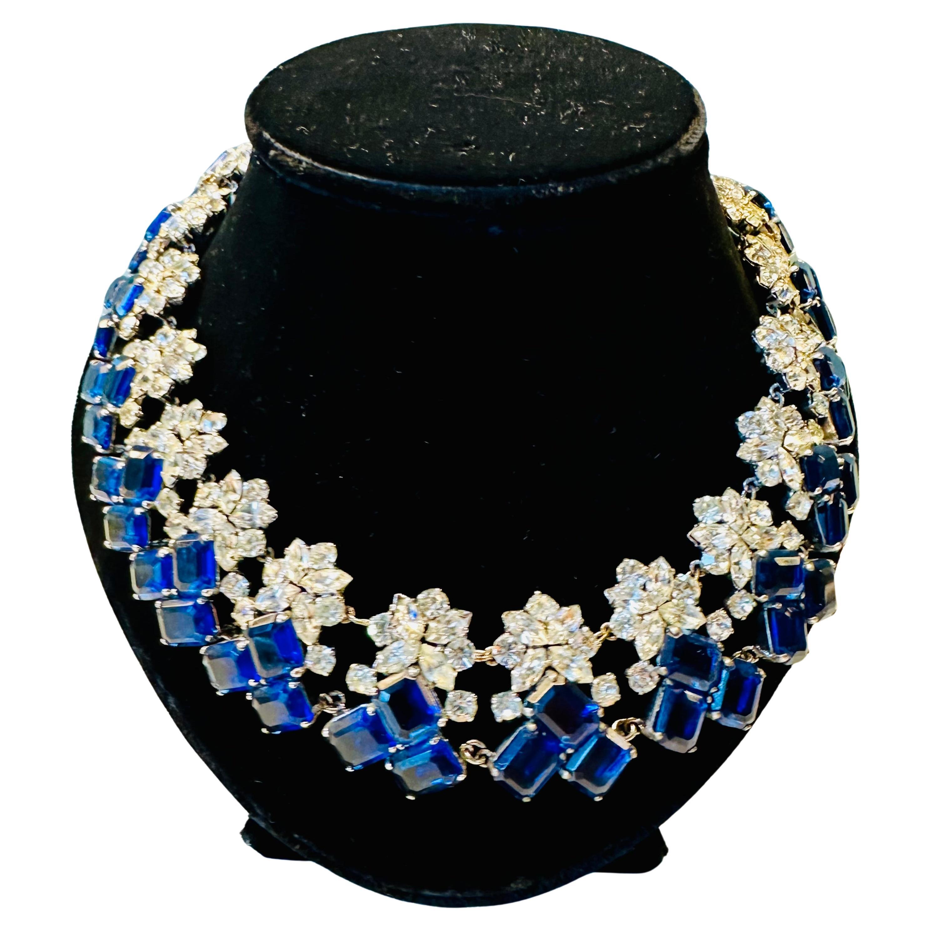 Early 1960s Elegant Christian Dior Prong Set Blue & Clear Crystals Necklace For Sale
