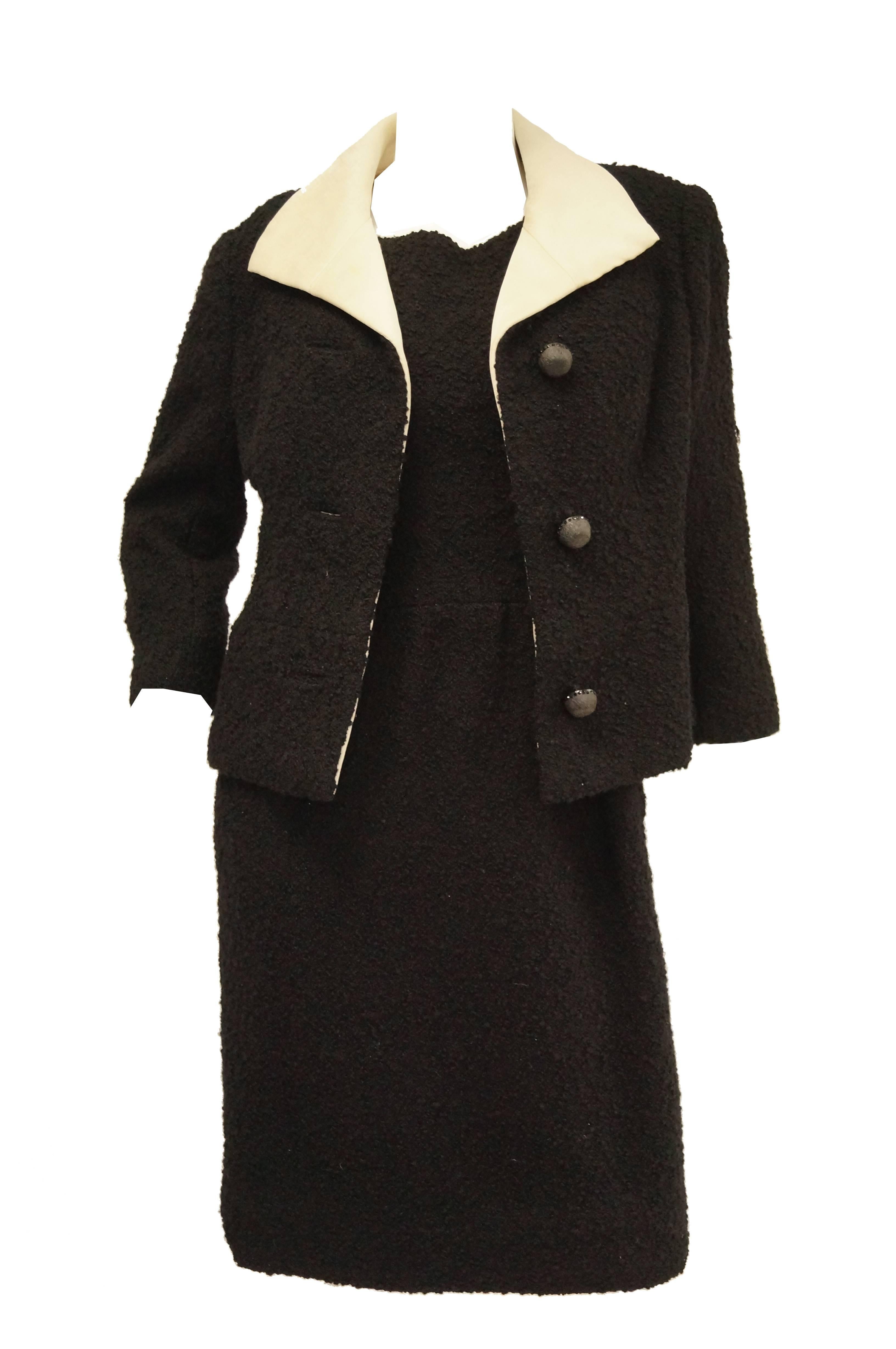 Early 1960s Givenchy Black Wool Boucle Sheath Dress and Silk Lined Jacket 4