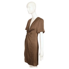 Early 1970s André Laug Taupe Textured Silk Dress with Radiating Gathered Waist
