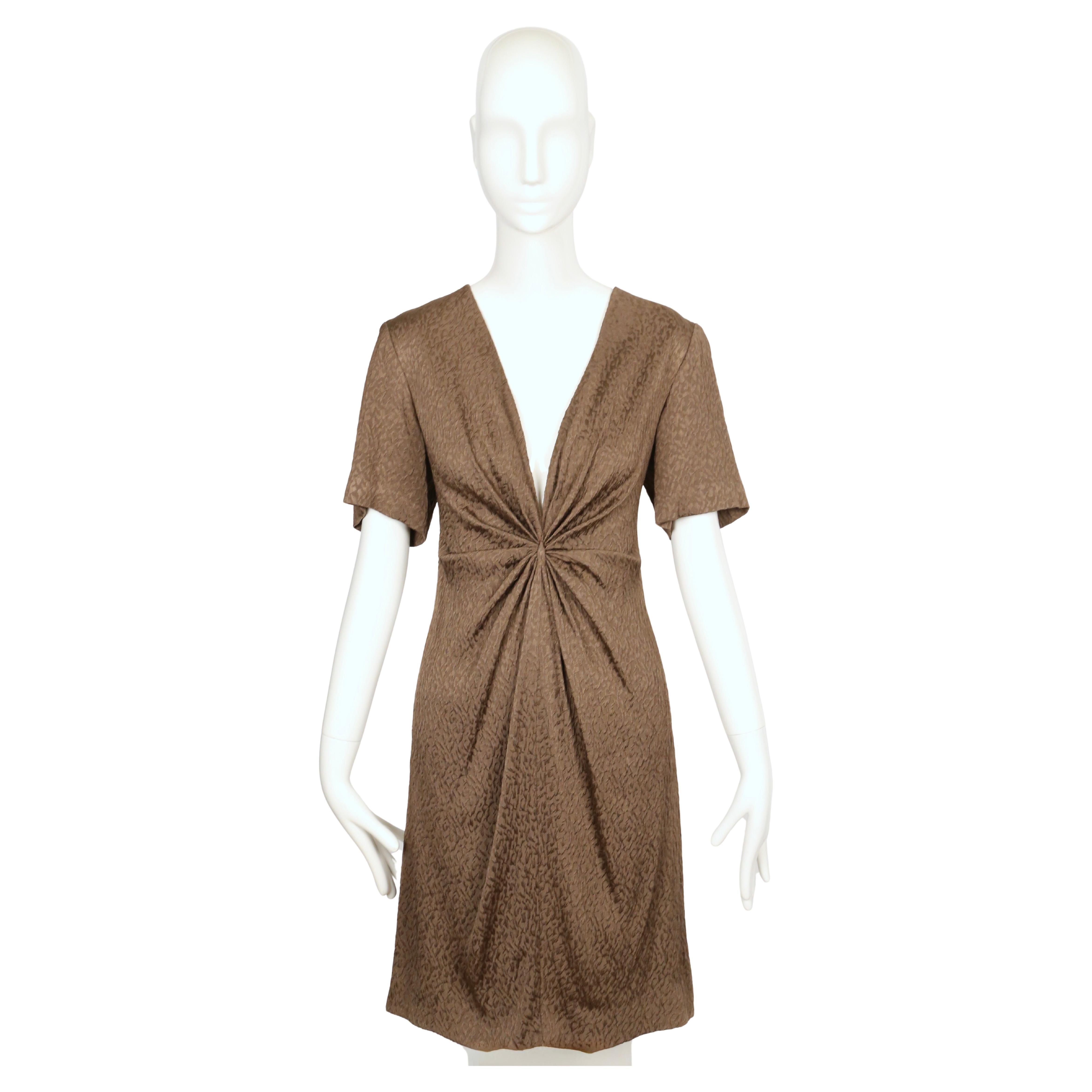 Early 1970s André Laug Taupe Textured Silk Dress with Radiating Gathered Waist
