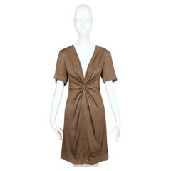 Early 1970s André Laug Taupe Textured Silk Dress with Radiating Gathered Waist