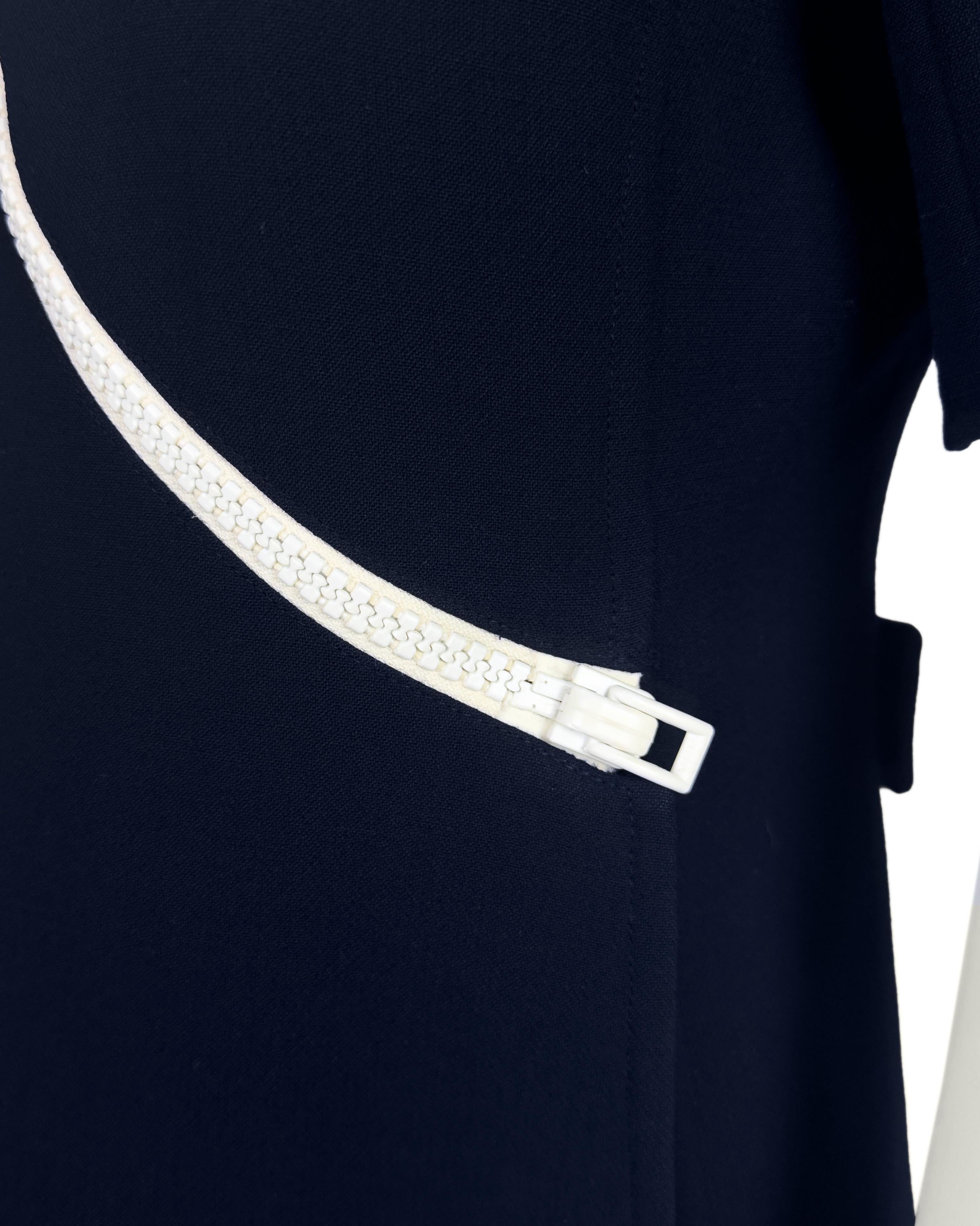 Early 1970s Courrèges Haute Couture Navy Blue Asymmetrical Zip Dress 2