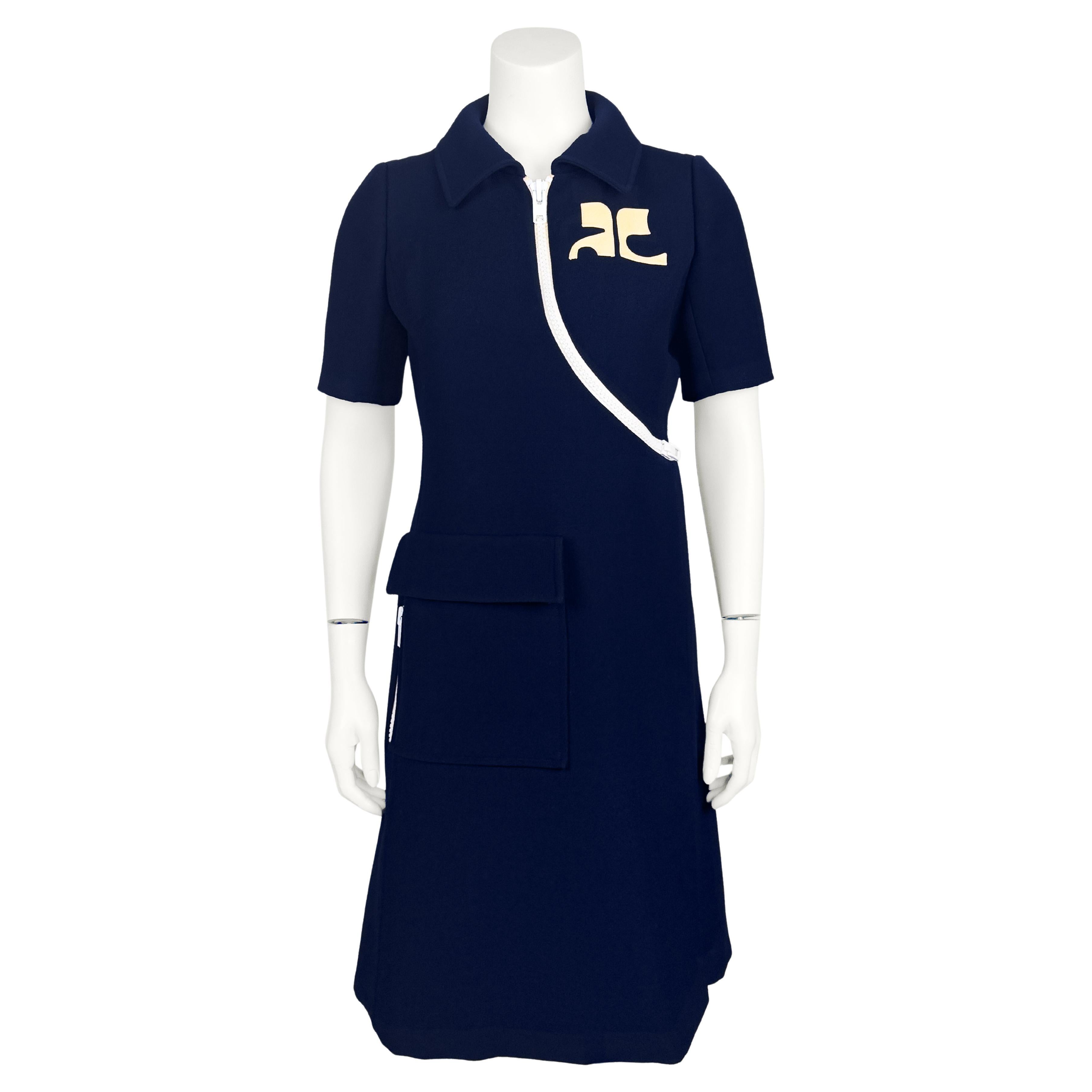 Early 1970s Courrèges Haute Couture Navy Blue Asymmetrical Zip Dress