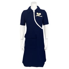 Early 1970s Courrèges Haute Couture Navy Blue Asymmetrical Zip Dress