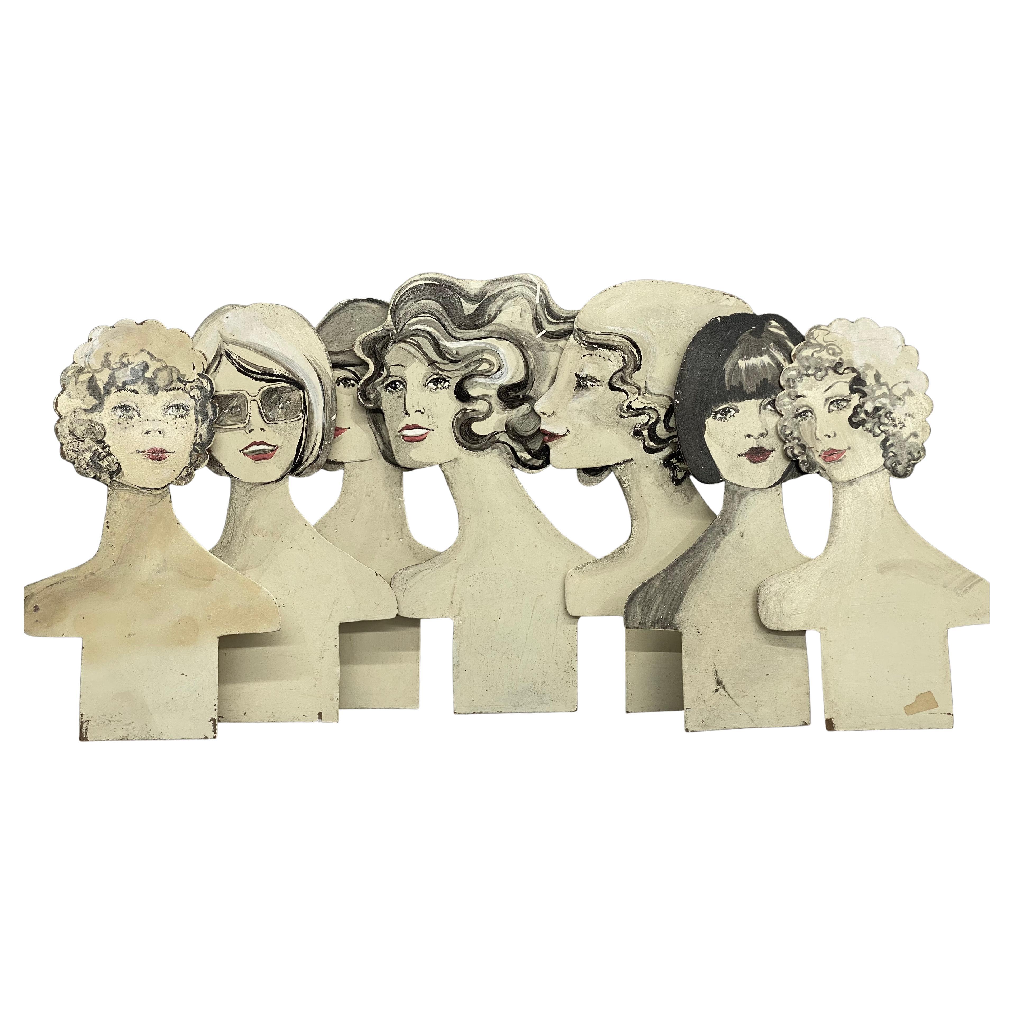 Early 1970s Hand Painted Retail Fashion Display Female Head Cutouts, Seven For Sale