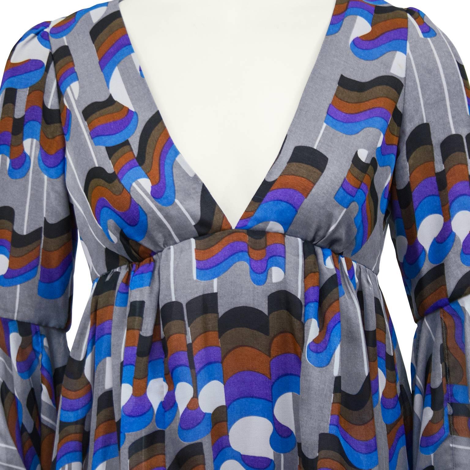 Women's Early 1970s Jean Varon Grey Cotton Boho Gown 