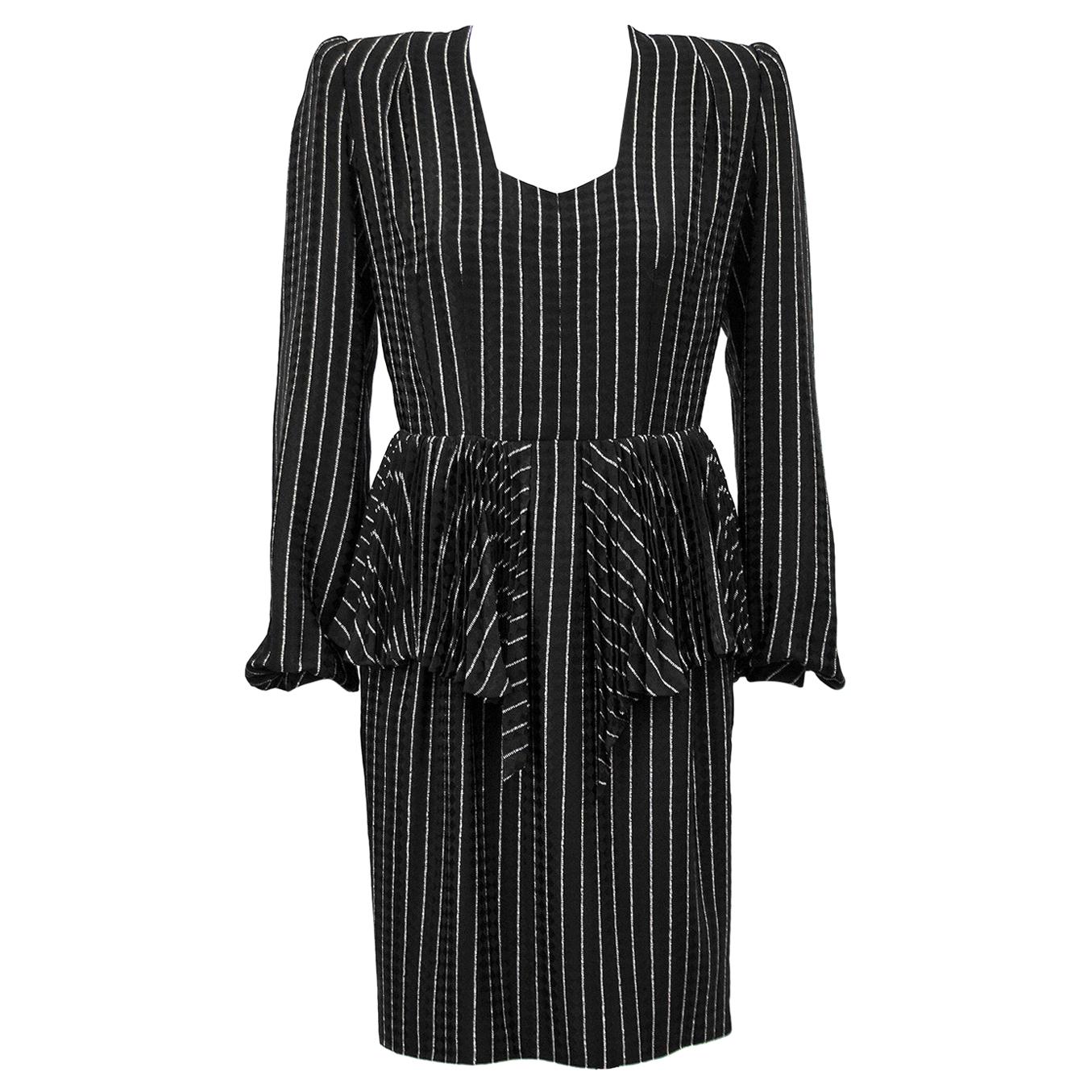 Early 1980 Andre Laug Silk Pinstriped Day Dress For Sale