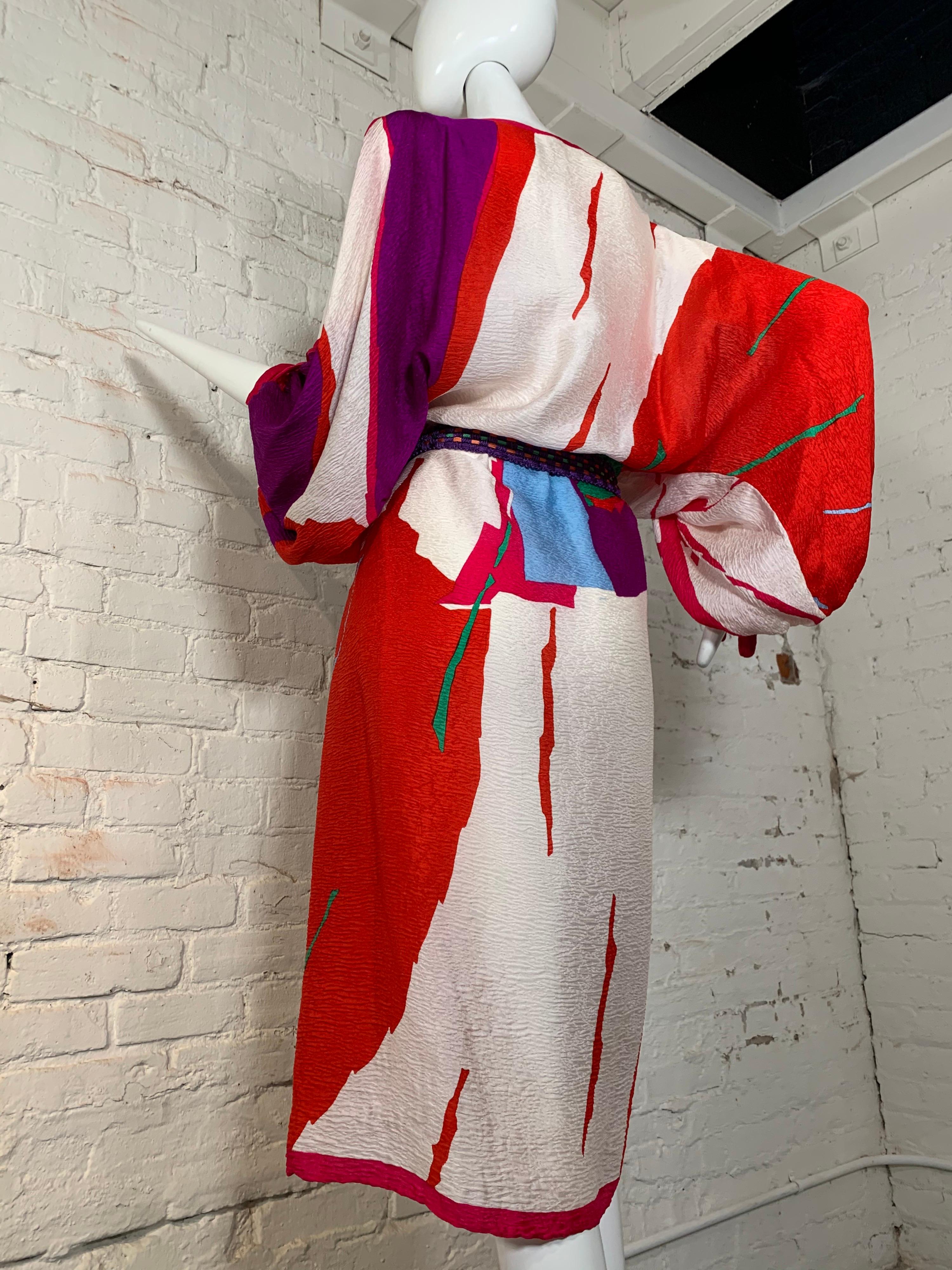 Red Early 1980 Halston Original Abstract Silk Print Open Shoulder Wrap Dress & Scarf