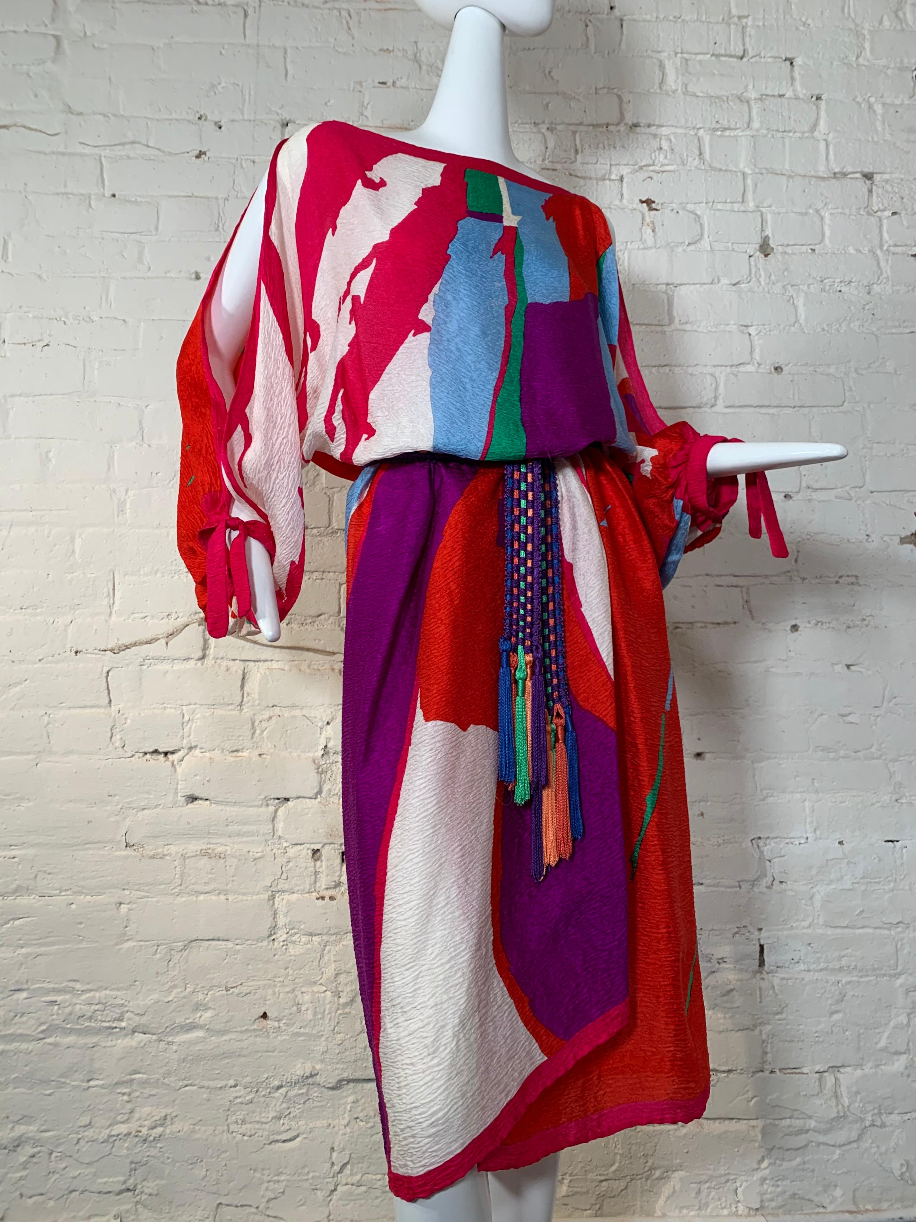 Early 1980 Halston Original Abstract Silk Print Open Shoulder Wrap Dress & Scarf 1