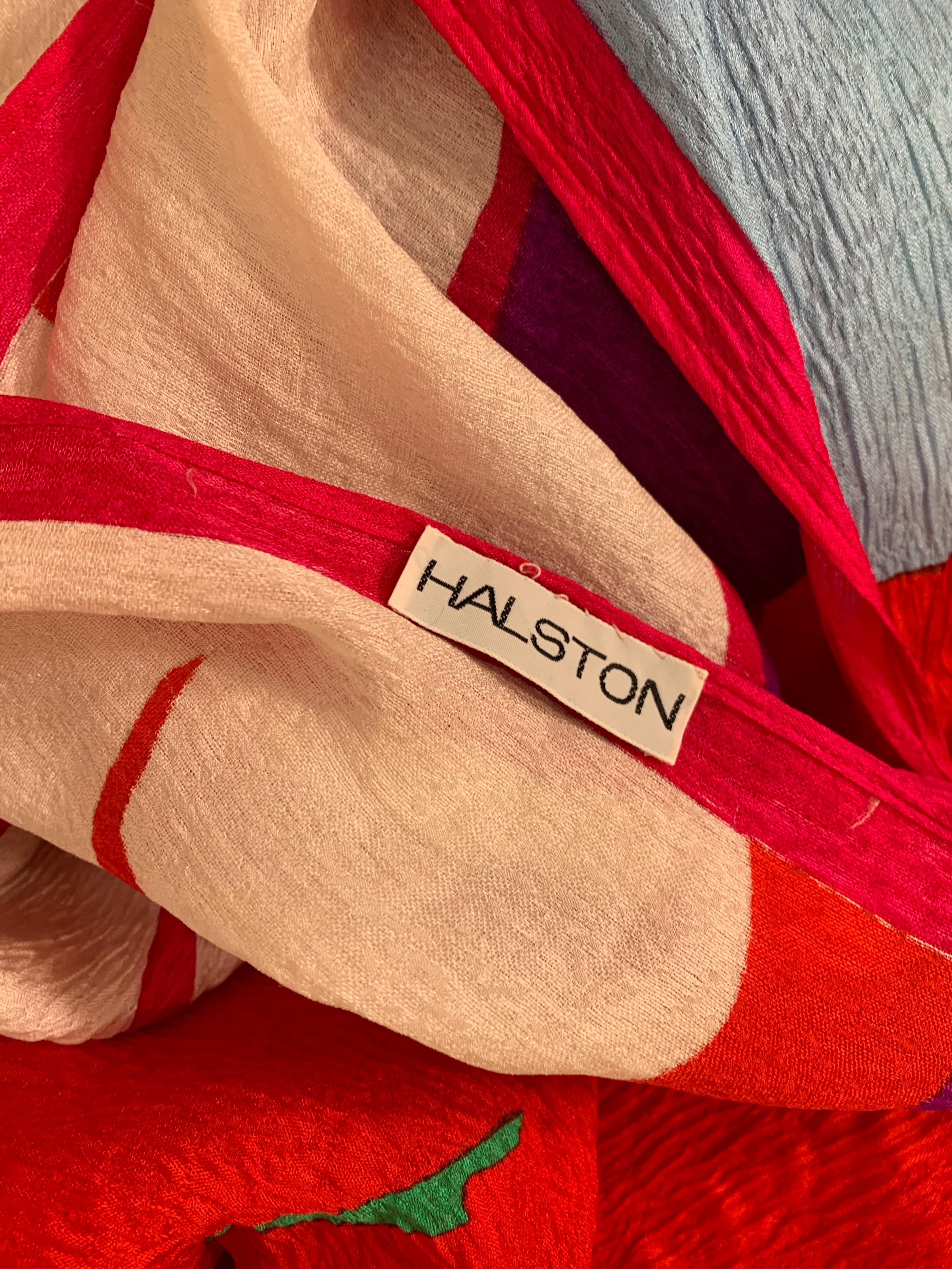 Early 1980 Halston Original Abstract Silk Print Open Shoulder Wrap Dress & Scarf 2