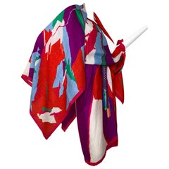 Early 1980 Halston Original Abstract Silk Print Open Shoulder Wrap Dress & Scarf