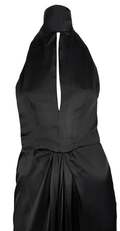 Early 1980s Bob Mackie Backless Halter Tie Black Satin Evening Gown