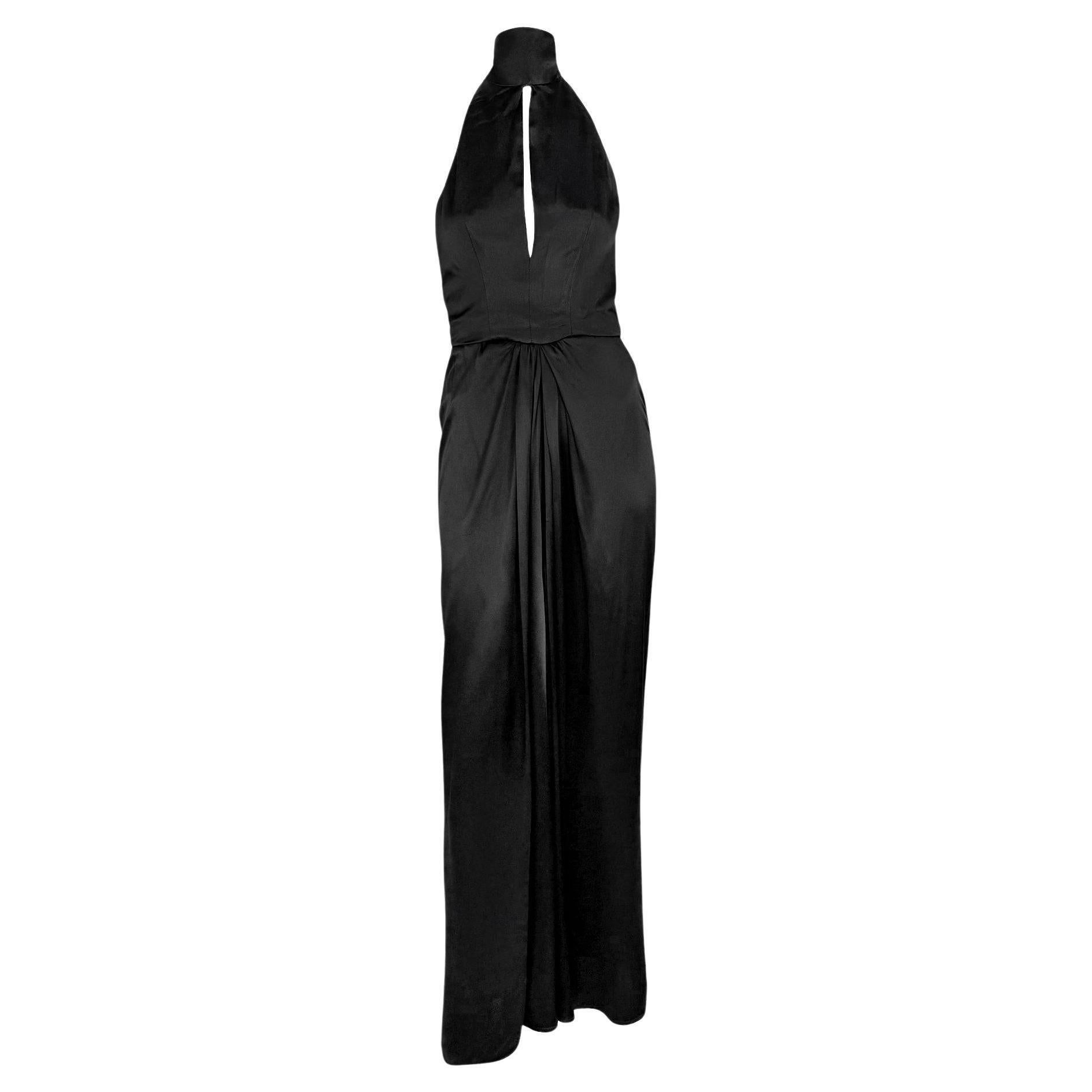 Early 1980s Bob Mackie Backless Halter Tie Black Satin Evening Gown For Sale