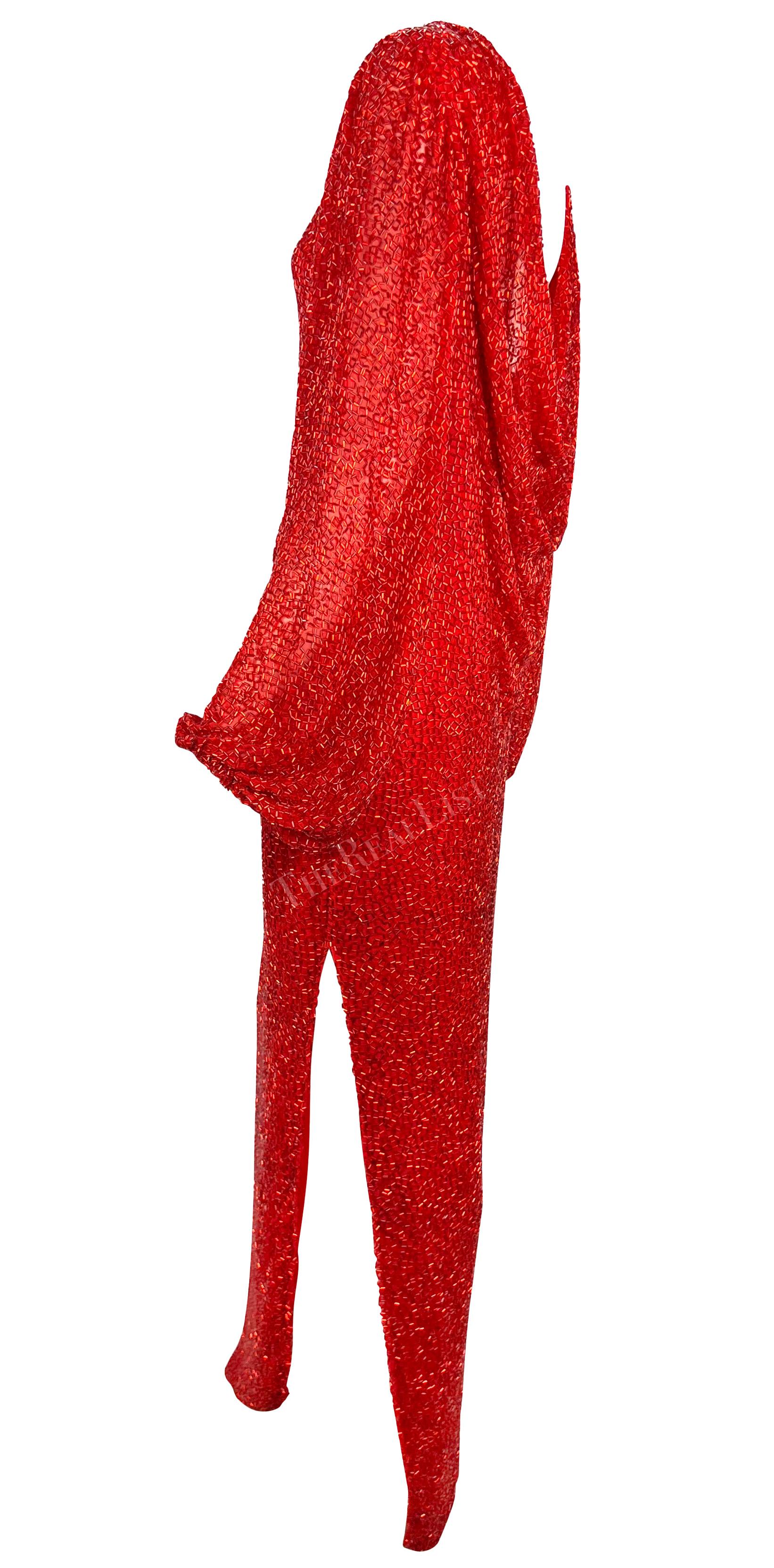 Early 1980s Bob Mackie Heavily Beaded Cowl Back Red High-Slit Evening Gown In Good Condition In West Hollywood, CA