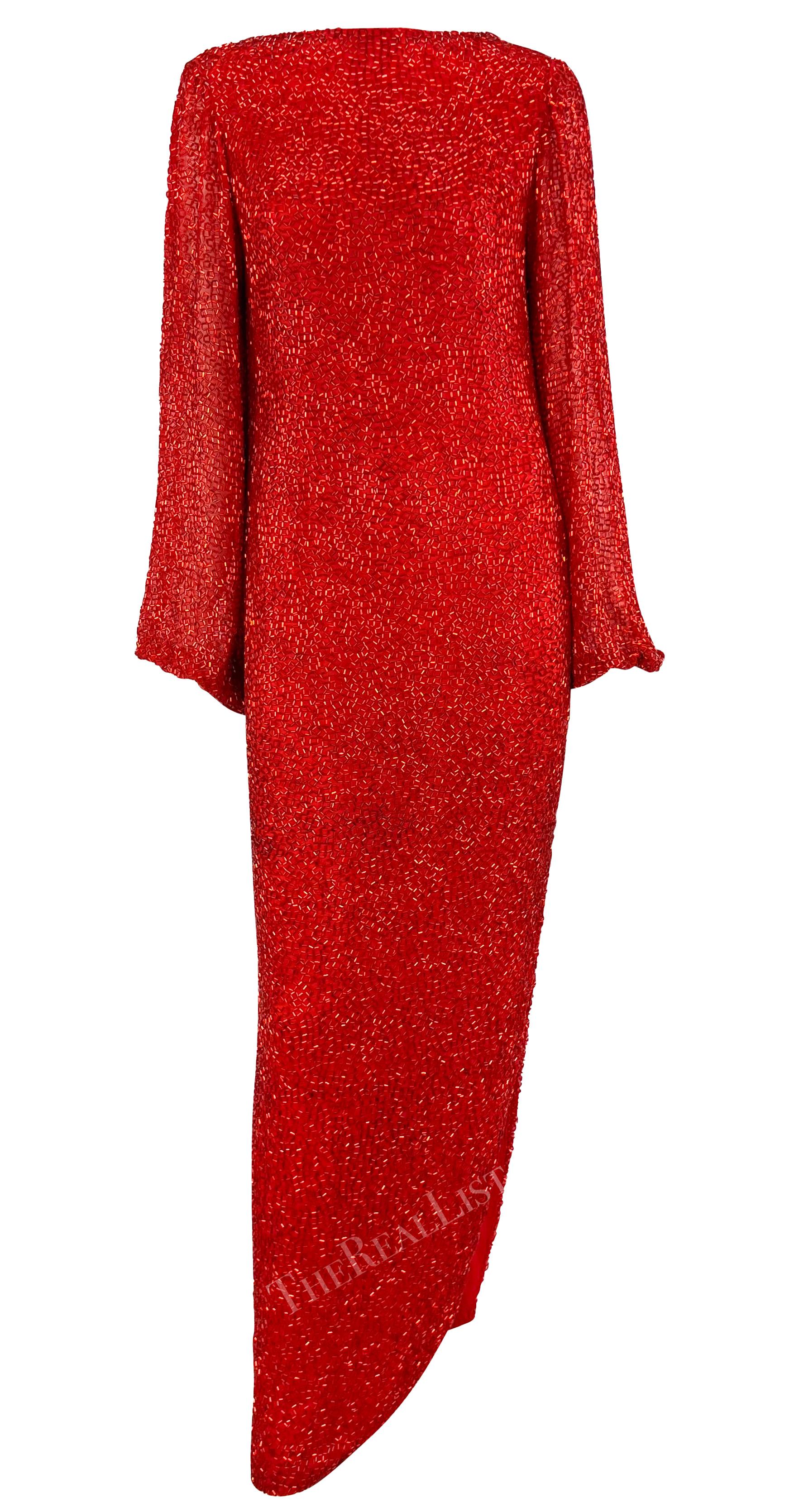 Women's Early 1980s Bob Mackie Heavily Beaded Cowl Back Red High-Slit Evening Gown