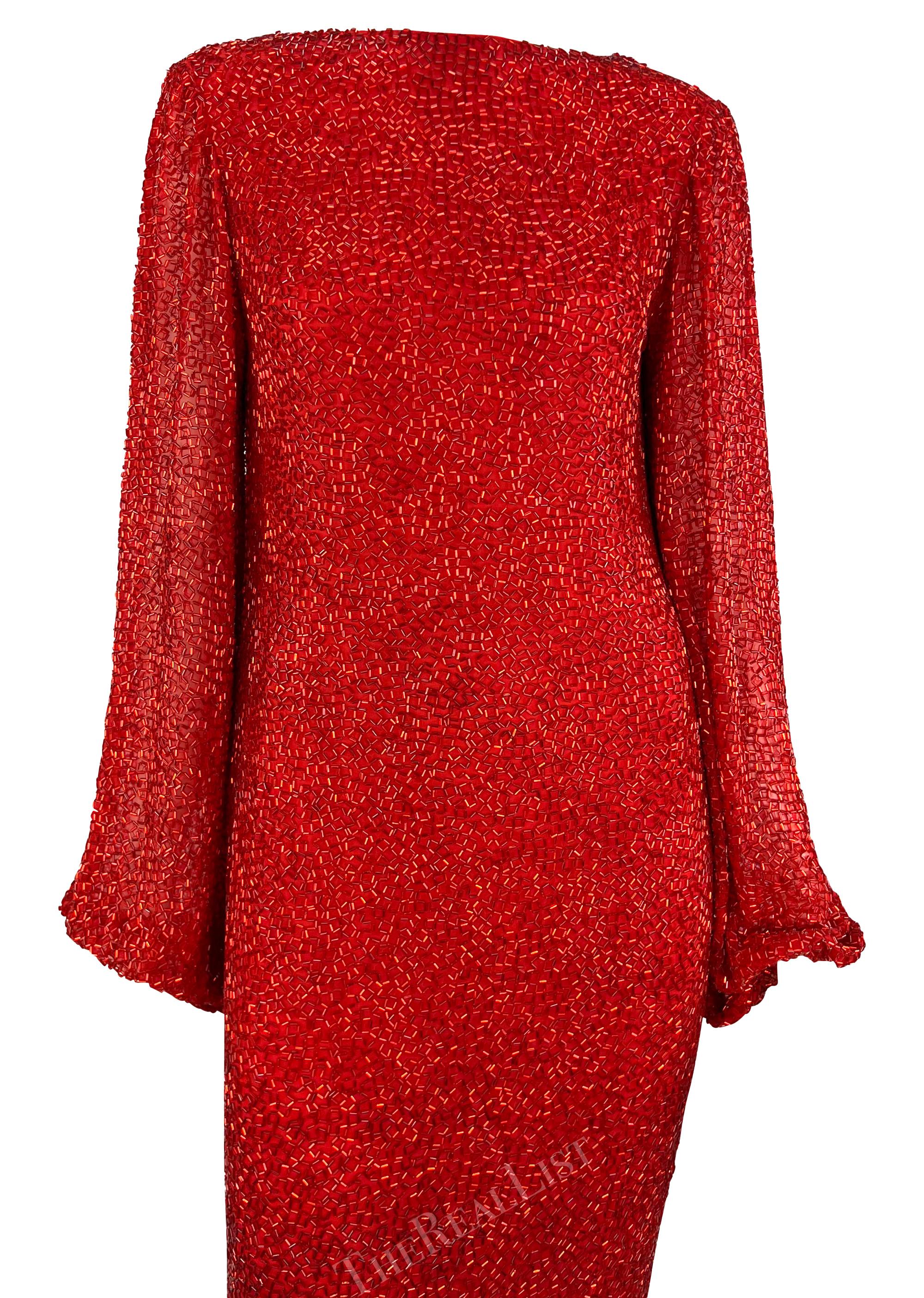 Early 1980s Bob Mackie Heavily Beaded Cowl Back Red High-Slit Evening Gown For Sale 1