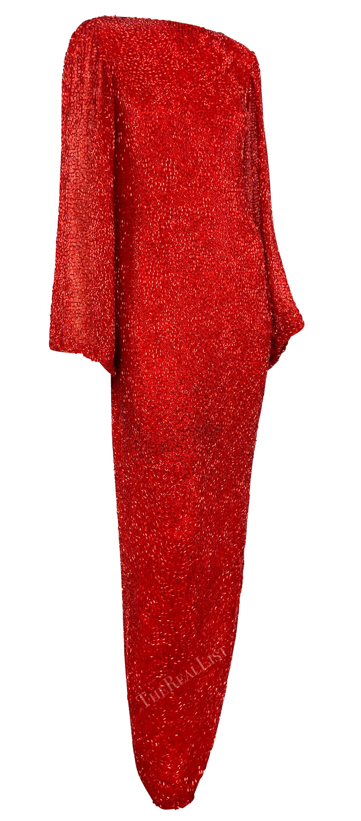 Early 1980s Bob Mackie Heavily Beaded Cowl Back Red High-Slit Evening Gown For Sale 2