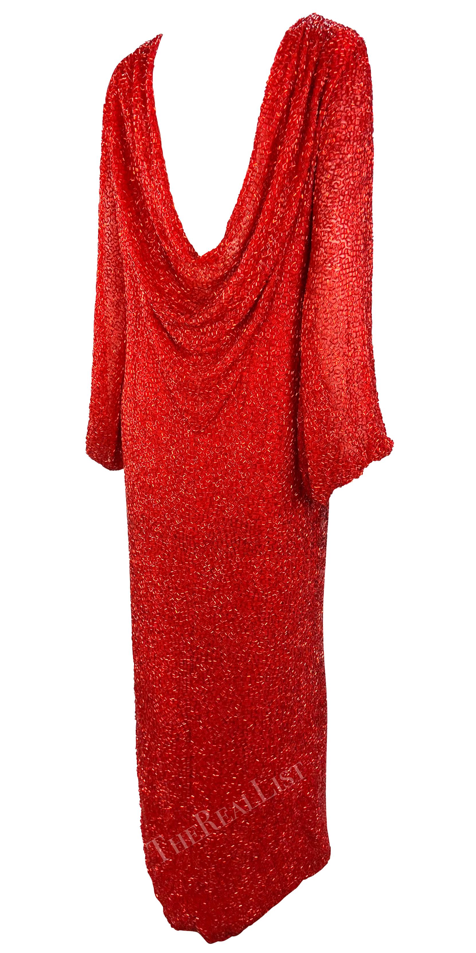 Early 1980s Bob Mackie Heavily Beaded Cowl Back Red High-Slit Evening Gown For Sale 3