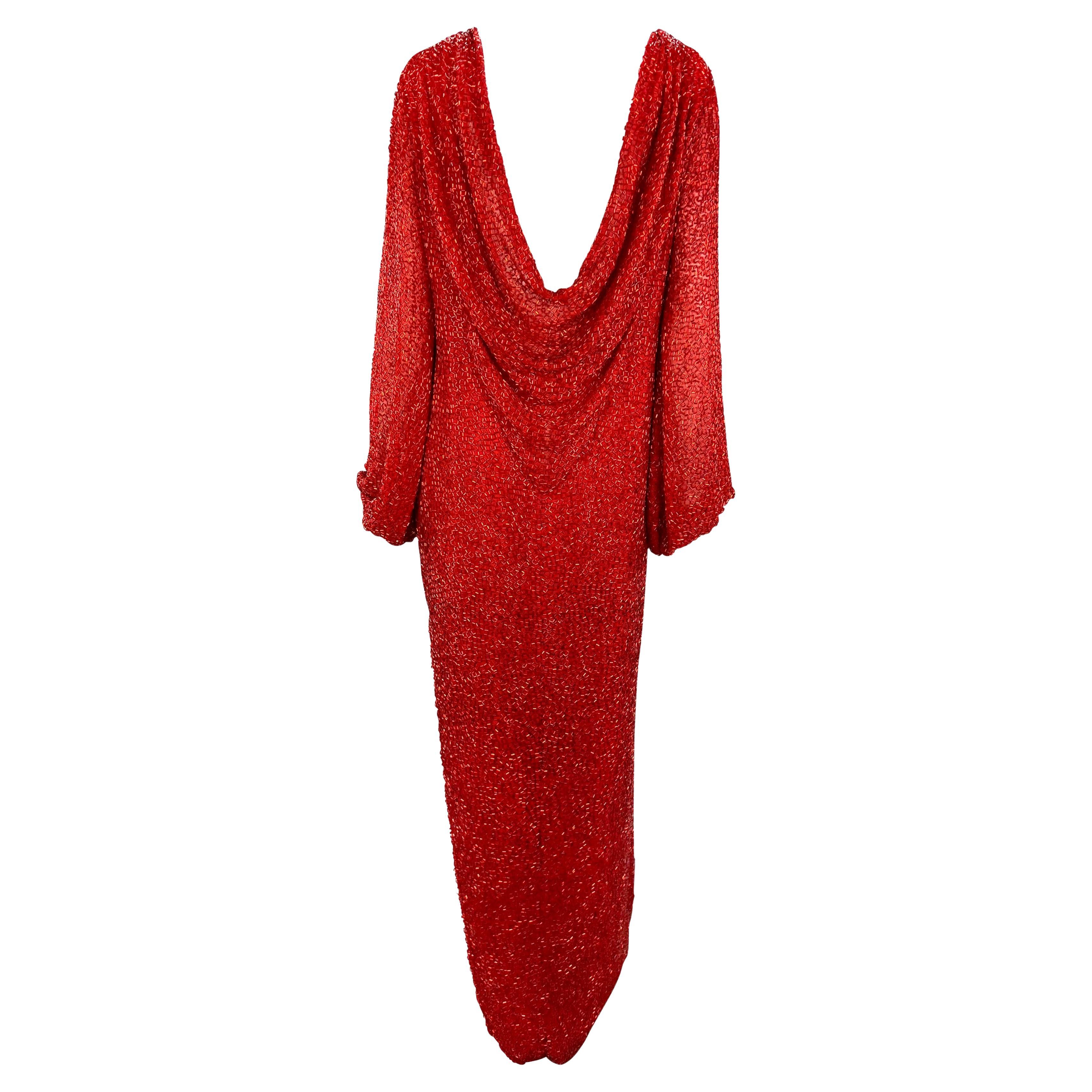 Early 1980s Bob Mackie Heavily Beaded Cowl Back Red High-Slit Evening Gown For Sale