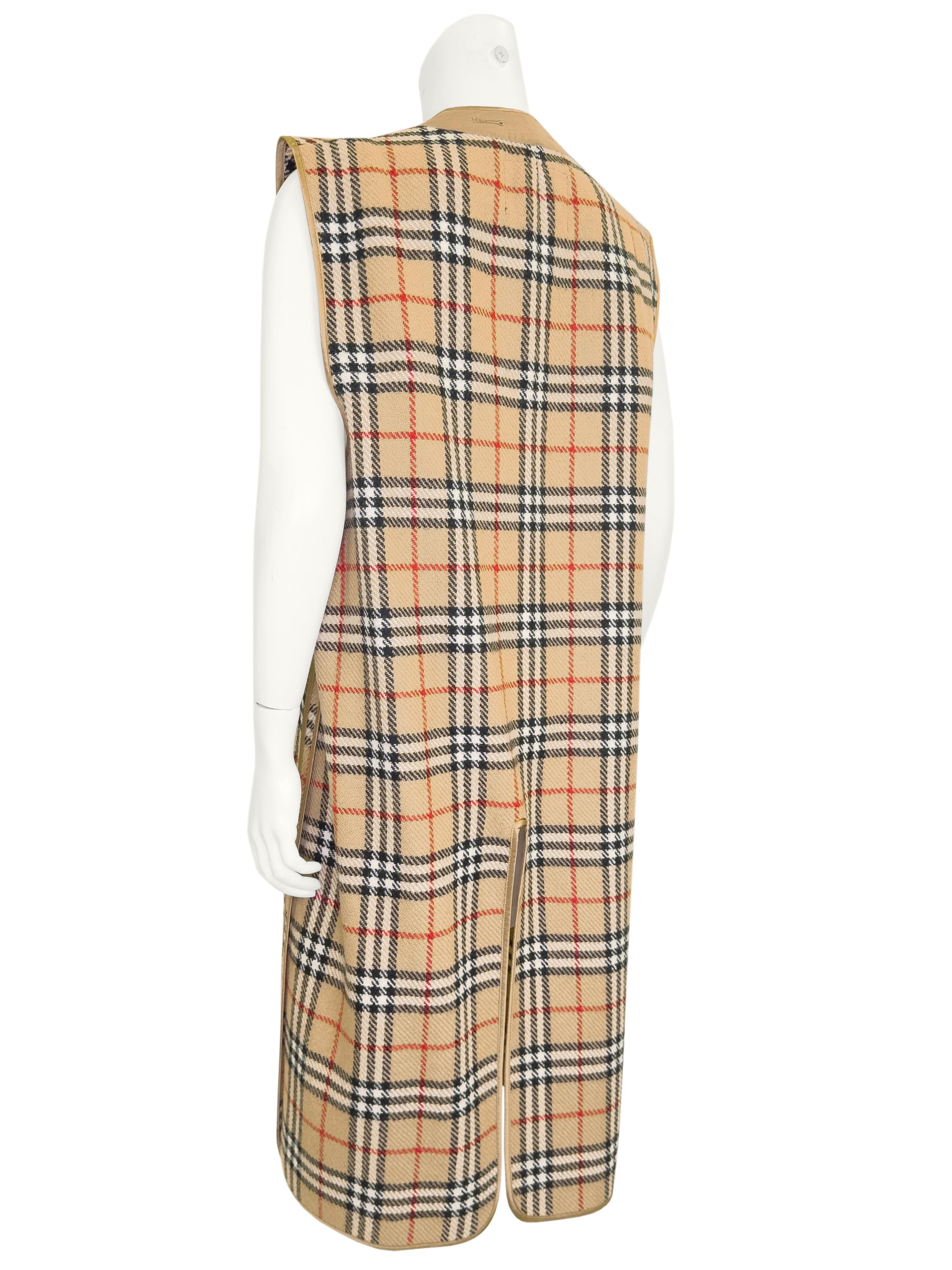 Beige Early 1980s Burberrys Tartan Wool Long Liner Vest For Sale