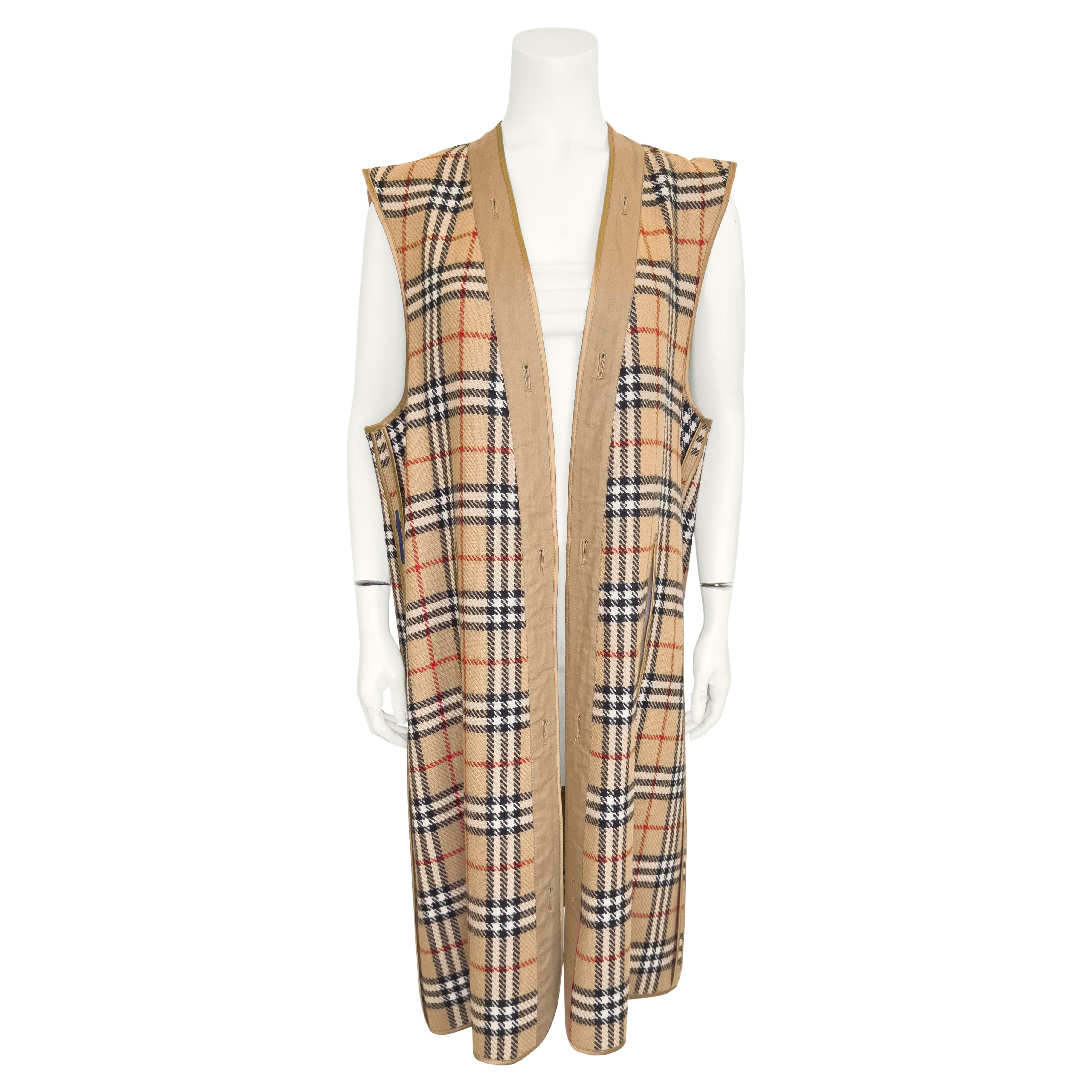 Early 1980s Burberrys Tartan Wool Long Liner Vest For Sale