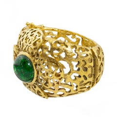 Chanel Gold Tone Filigree Cuff With Emerald Green Poured Glass Stone, Early 1980