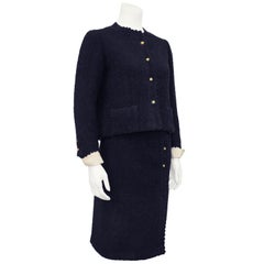 Early 1980s Chanel Haute Couture Navy Blue Boucle Suit Made for Kitty D'Alessio