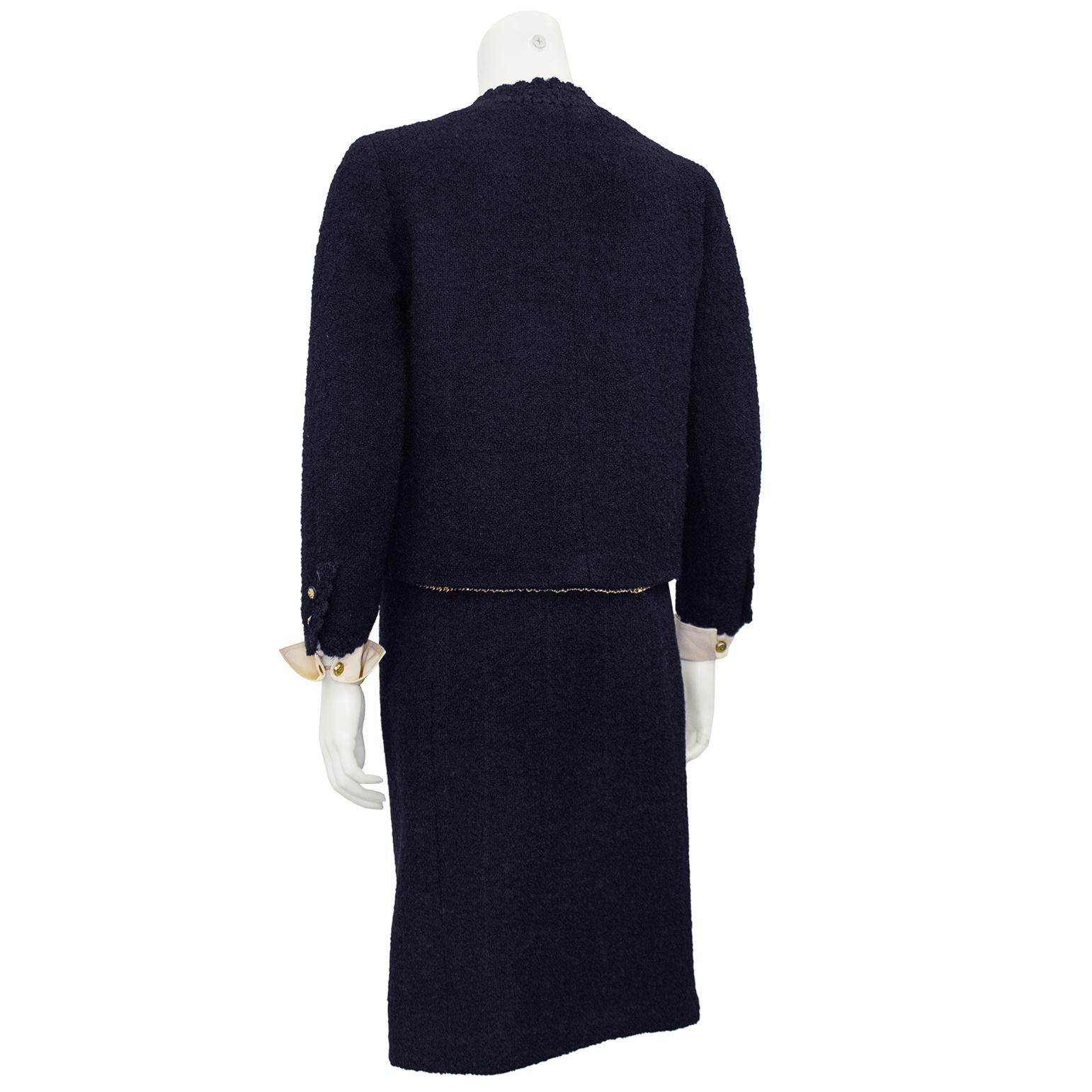 Early 1980s Chanel Haute Couture Navy Blue Boucle Suit Made for Kitty D'Alessio In Good Condition In Toronto, Ontario